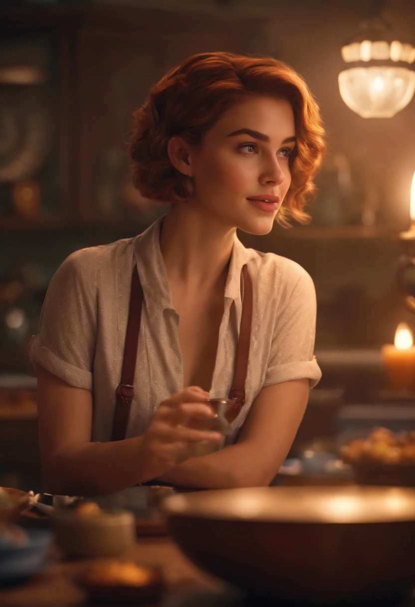 uma , cercada por bolo na cozinha, alegre,short hair, Disney, sorrindo, olhando para o telespectador 4k