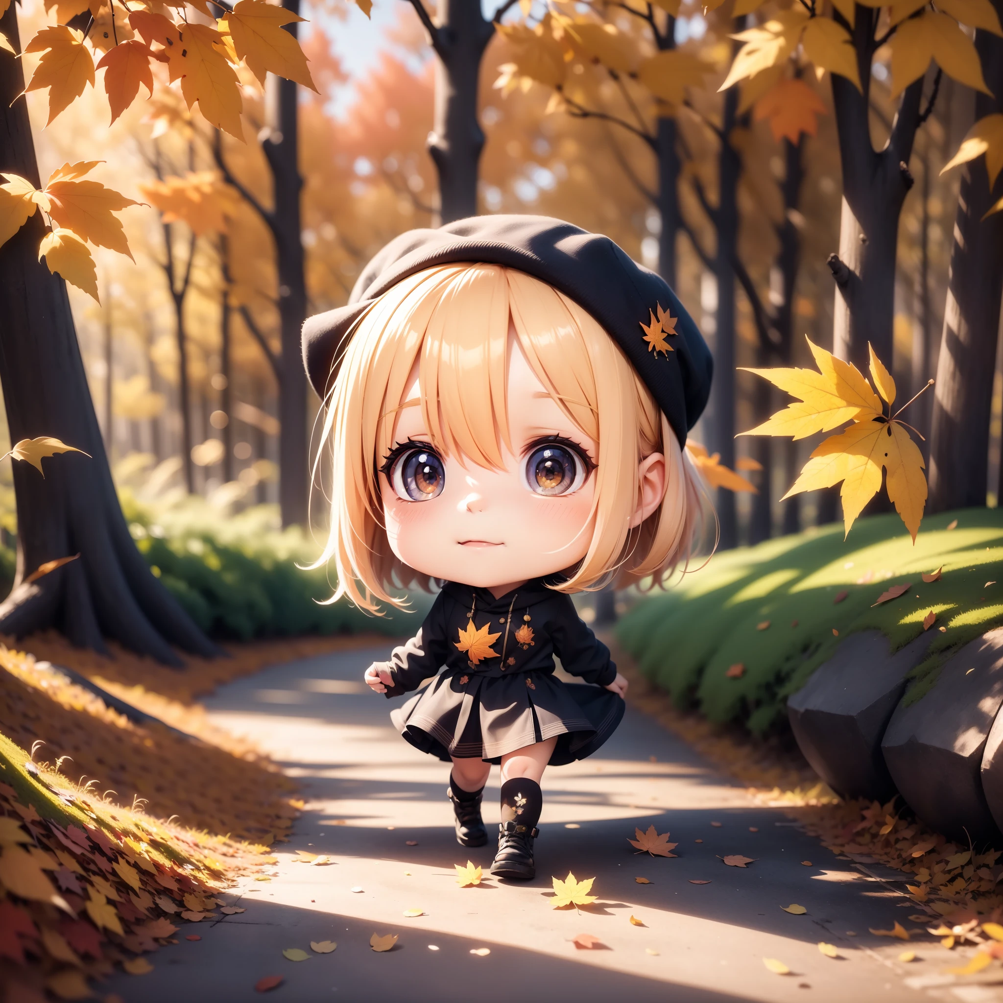 3D rendering, Q printmaking style,chibi,SOLO,A cute girl sticker, Maple forest in autumn，Scattered maple leaves，Soft sunshine，Soft light