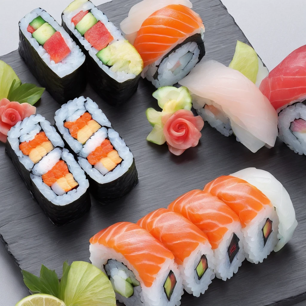 sushi，Juicy，delicacy，thermography，closeup cleavage，promo photo，Complicated details，hdr，The is very detailed，Diffuse reflections illuminate ultra-detail, (Complexity, detail, Ultra detail super-detailing), Cinematic, Hyperrealistic