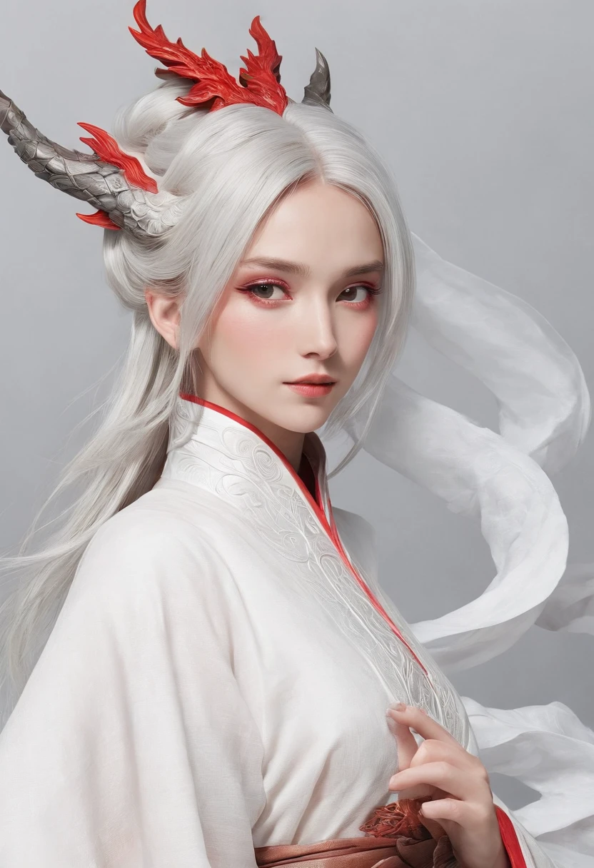 Cirilla Fiona Elen Riannon，动态照明，art  stations，poster for，Volumetriclighting，Very detailed faces，4k wallpapers，Award-Awarded，1 girl with white hair，He has a delicate and beautiful face，long hair flowing，horse tailed，Fringed Hair Ornament，Dynamic perspective，White Hanfu，White gauze flying，red waistband，Sexy，Tradition Chinese Ink Painting，Surrounded by clouds，fog atmosphere，Ride a white dragon，Stroke the faucet，White dragon horn，dynamic viewing angle，电影灯光，