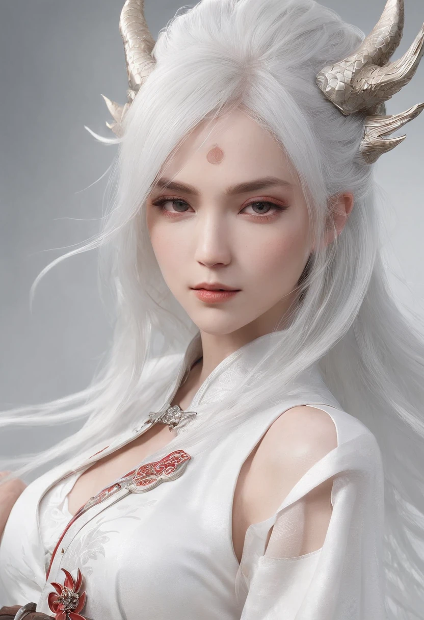 Cirilla Fiona Elen Riannon,动态照明,art stations,poster for,Volumetriclighting,Very detailed faces,4k wallpapers,Award-Awarded,1 girl with white hair,He has a delicate and beautiful face,long hair flowing,horse tailed,Fringed Hair Ornament,Dynamic perspective,White Hanfu,White gauze flying,red waistband,Sexy,Tradition Chinese Ink Painting,Surrounded by clouds,fog atmosphere,Ride a white dragon,Stroke the faucet,White dragon horn,dynamic viewing angle,电影灯光,