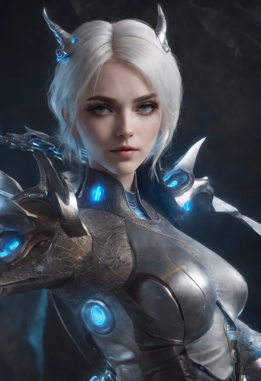 Cirilla Fiona Elen Riannon，Highest image quality，Outstanding details，超高分辨率，（Fidelity：1.4）, Favor the details，closeup cleavage，The background is a scene of a cosmic celestial body，High-tech dragon knight mech，He has a delicate and beautiful face，（（Blue-white flying semi-mechanical fuselage：1.8）），high-tech weapon，Raised sexy，frontage，cyber punk perssonage，Futuristic，mechanically aesthetic，Virtual Engine 5，Perfect detail rendering，rendering by octane，hyper HD