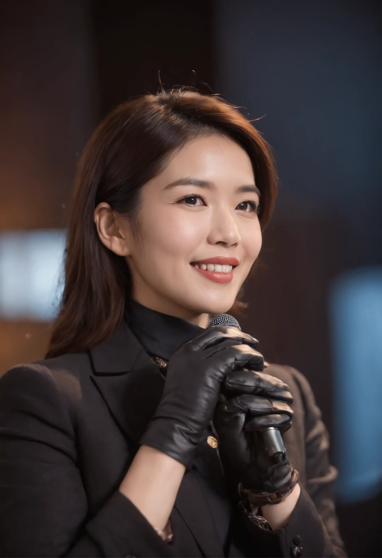 Point the microphone you hold in black leather gloves at you.、Japan female announcer smiling in suit
