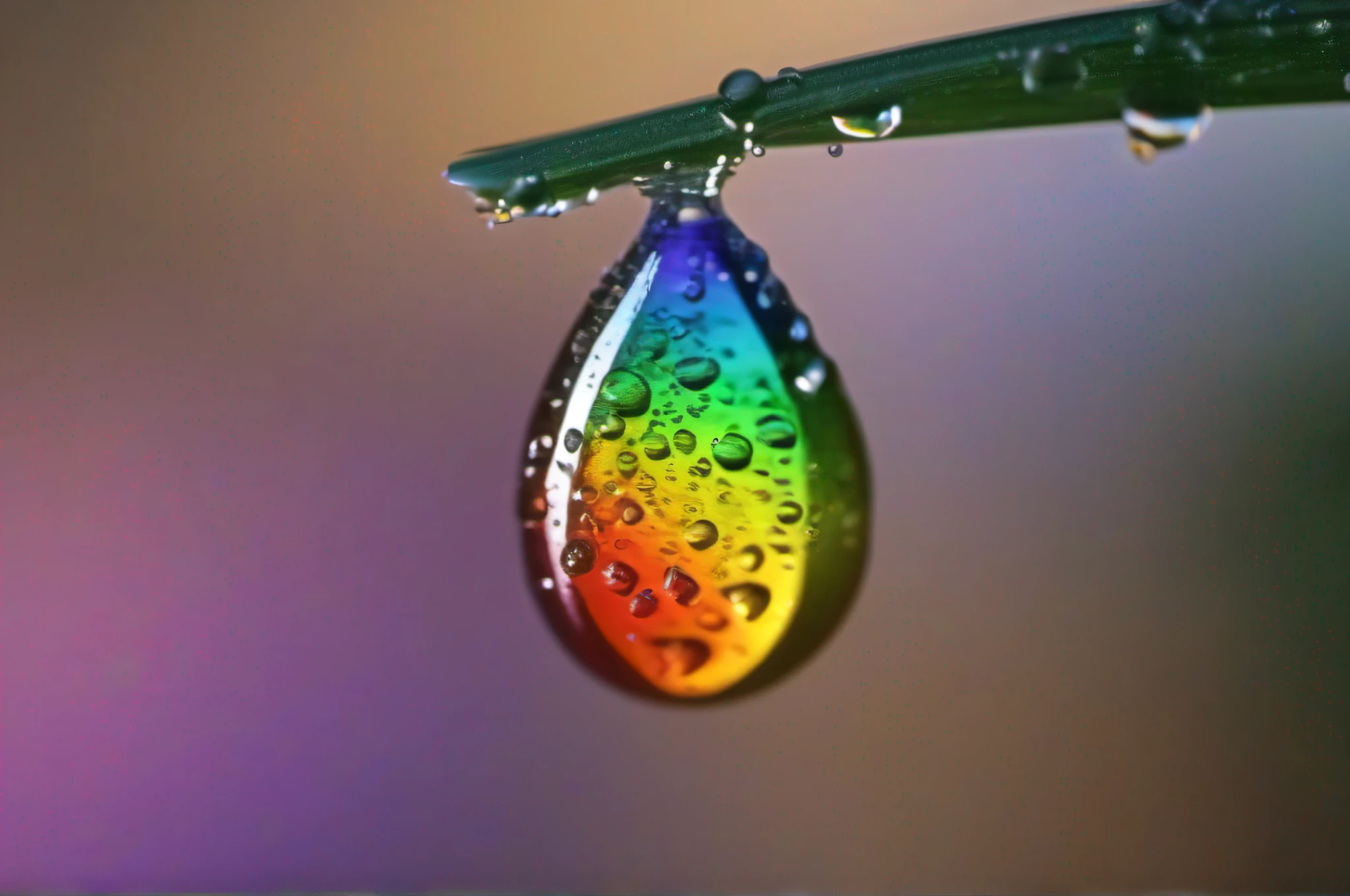 best quality, high resolution, ultra detailed, vibrant rainbow reflection, sparkling water drop, realistic water texture, bright light, vivid colors, atmospheric, nature photography, bokehWater drop, rainbow reflection, water drop sliding down a leaf, transparent photography, bright, sparkling, splendid, colorful, magical, spectacular lighting, photo realism, ultra detailed, 4k, depth of field, high resolution