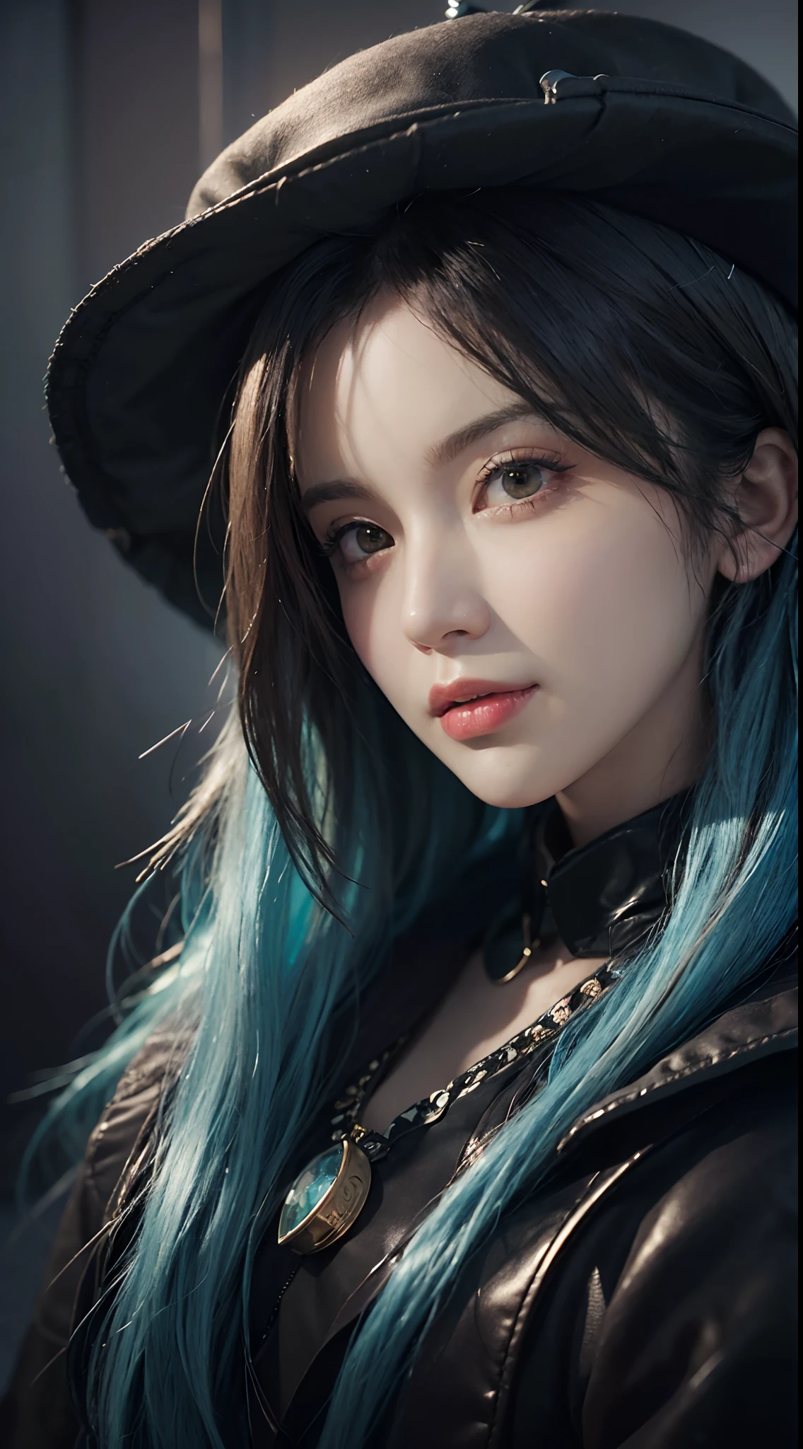 Hyperrealist portrait of female by david hockney and alphonse mucha,fantasy art, photo realistic, dynamic lighting, artstation, poster, volumetric lighting, very detailed faces, 4 k, award winning,, 1girl, in the dark, deep shadow, low key,cowboy shot,(official clothing:1.4) ,long hair,white hair,