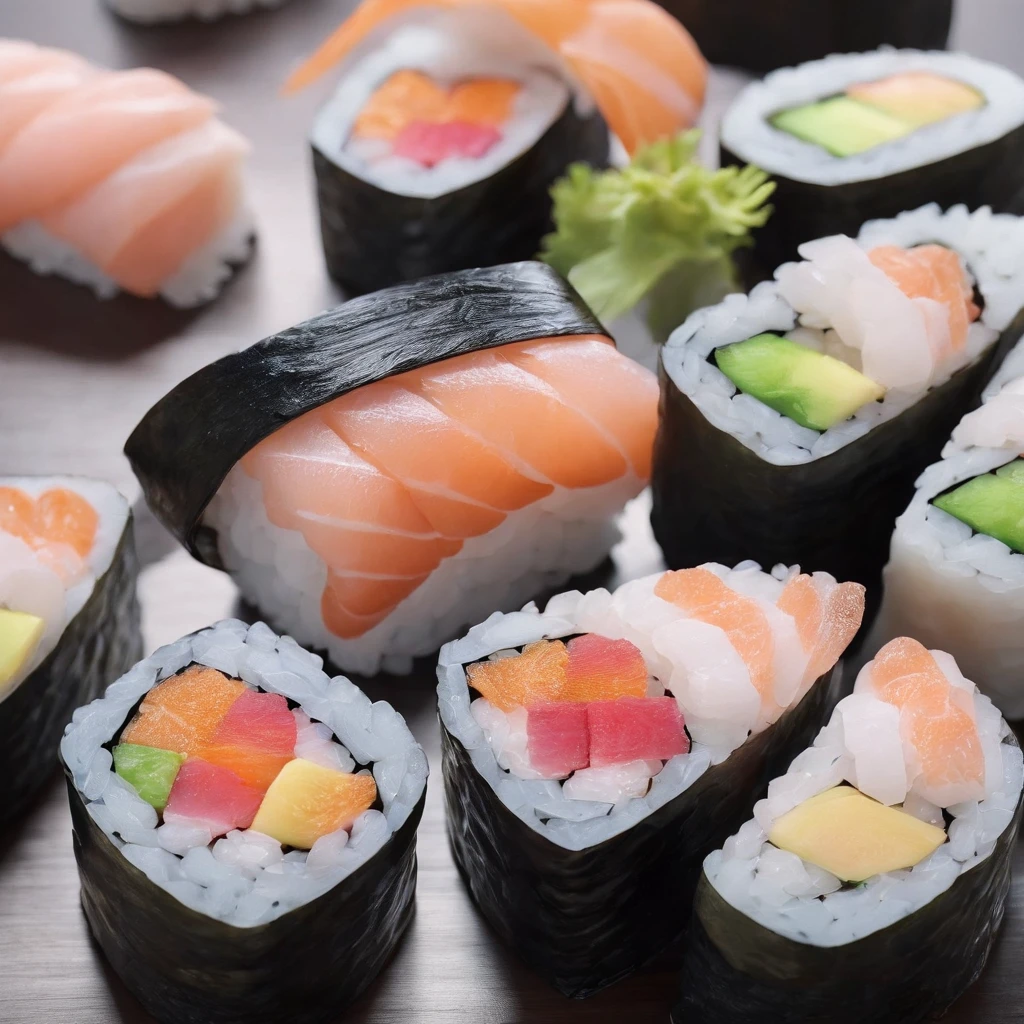 sushi,Juicy,delicacy,thermography,closeup cleavage,promo photo,Complicated details, Cinematic, Surrealistic soft light, Studio lighting, diffused soft lighting, Shallow depth of field, Sharp focus bokeh, Ray tracing, Subsurface scattering, hdr,The is very detailed,Diffuse reflections illuminate ultra-detail, (Complexity, detail, Ultra detail super-detailing), Cinematic, Hyperrealistic