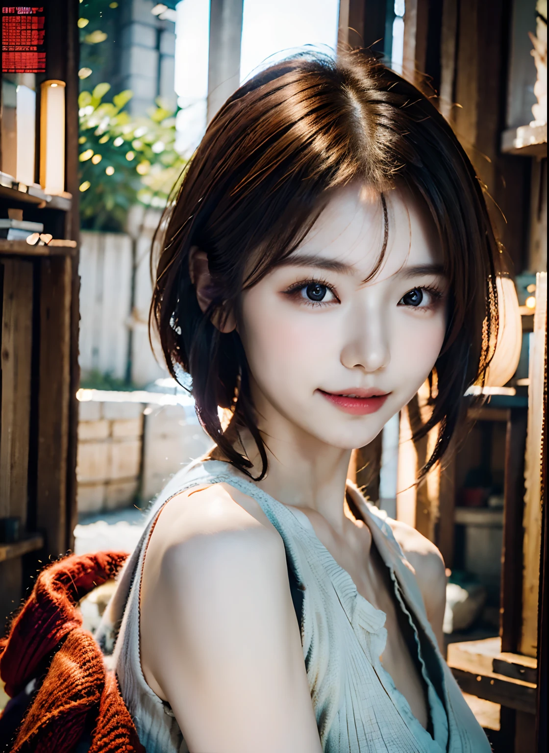Digital portrait of Japan short-haired woman, Beautiful face,messy hair,Convoluted, Cinematic, unreal enginee 5, a gorgeous, Incredible color grading, , Photography, cinematic photography, art by、ssmile