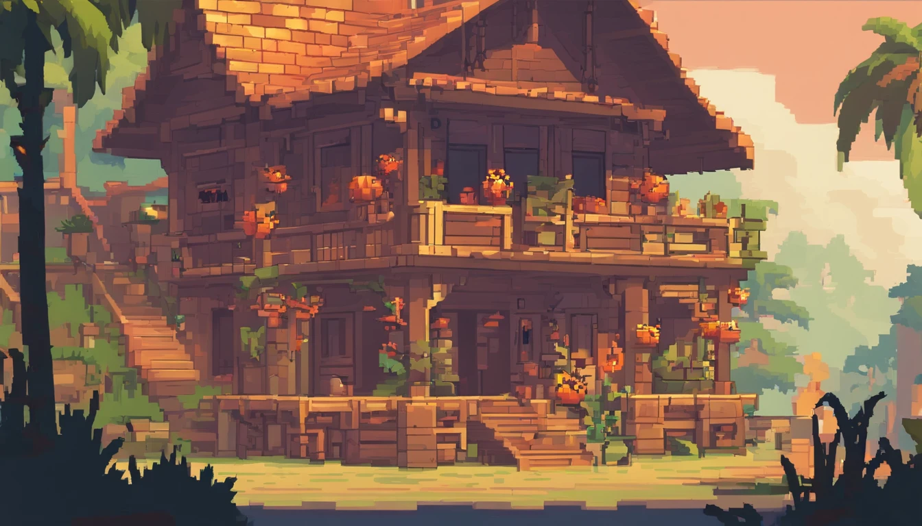 Pixel art of a beautiful tavern in the middle of the tropical forest, a sunset seen in the cloudy sky in the landscape, exotic birds flying around and swinging palm trees next to a sandbank on the beach, warm colors, soft lighting ::n_bad anatomy, mutation, mutilation, deformity, poorly drawn, extra arms, extra legs, missing arms, missing legs, mutated hands, mutated feet, fused fingers, extra fingers, long neck, disfigured features, gross proportions, asymmetrical, blurry, ugly, extra eye, missing eye, deformed skull, malformed limbs, mutated mouth, missing teeth, extra teeth, malformed teeth, gross, disgusting, deformed spine, distorted bones, missing bones, out of frame, low resolution, low quality, normal quality, jpeg artifacts, signature, watermark, username, text, error, missing components, extra components, cropped, worst quality, low-res, bad proportions