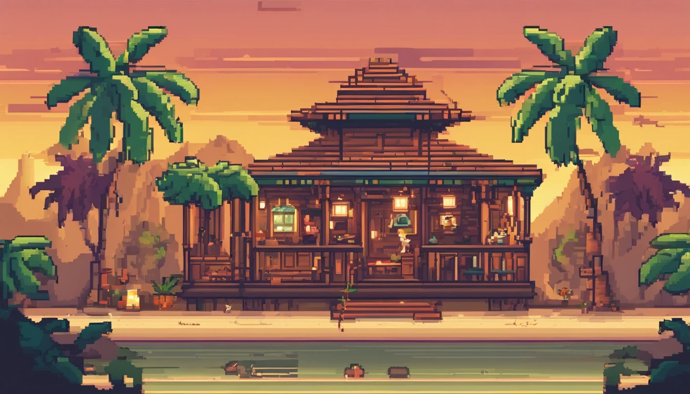 Pixel art of a beautiful tavern in the middle of the tropical forest, a sunset seen in the cloudy sky in the landscape, exotic birds flying around and swinging palm trees next to a sandbank on the beach, warm colors, soft lighting ::n_bad anatomy, mutation, mutilation, deformity, poorly drawn, extra arms, extra legs, missing arms, missing legs, mutated hands, mutated feet, fused fingers, extra fingers, long neck, disfigured features, gross proportions, asymmetrical, blurry, ugly, extra eye, missing eye, deformed skull, malformed limbs, mutated mouth, missing teeth, extra teeth, malformed teeth, gross, disgusting, deformed spine, distorted bones, missing bones, out of frame, low resolution, low quality, normal quality, jpeg artifacts, signature, watermark, username, text, error, missing components, extra components, cropped, worst quality, low-res, bad proportions