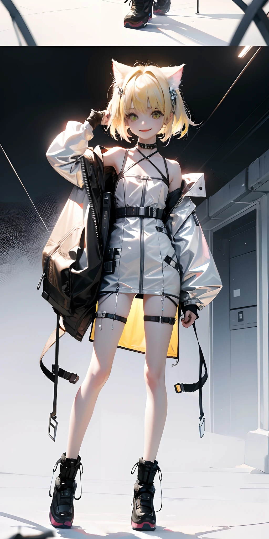 1 girl, pastelcolor, yellow hair strokes, Cyan eyes, short detailed hair, Small cat ears, Cyberpunk clothes, There are a lot of hairpins in the hair, Shoulders open, Hands open, Slimming the waist, A happy smile with a long tongue sticking out, Long tongue, whole-length, legsupms, Reference, Anime reference, Reference roles from different angles, white backgrounid