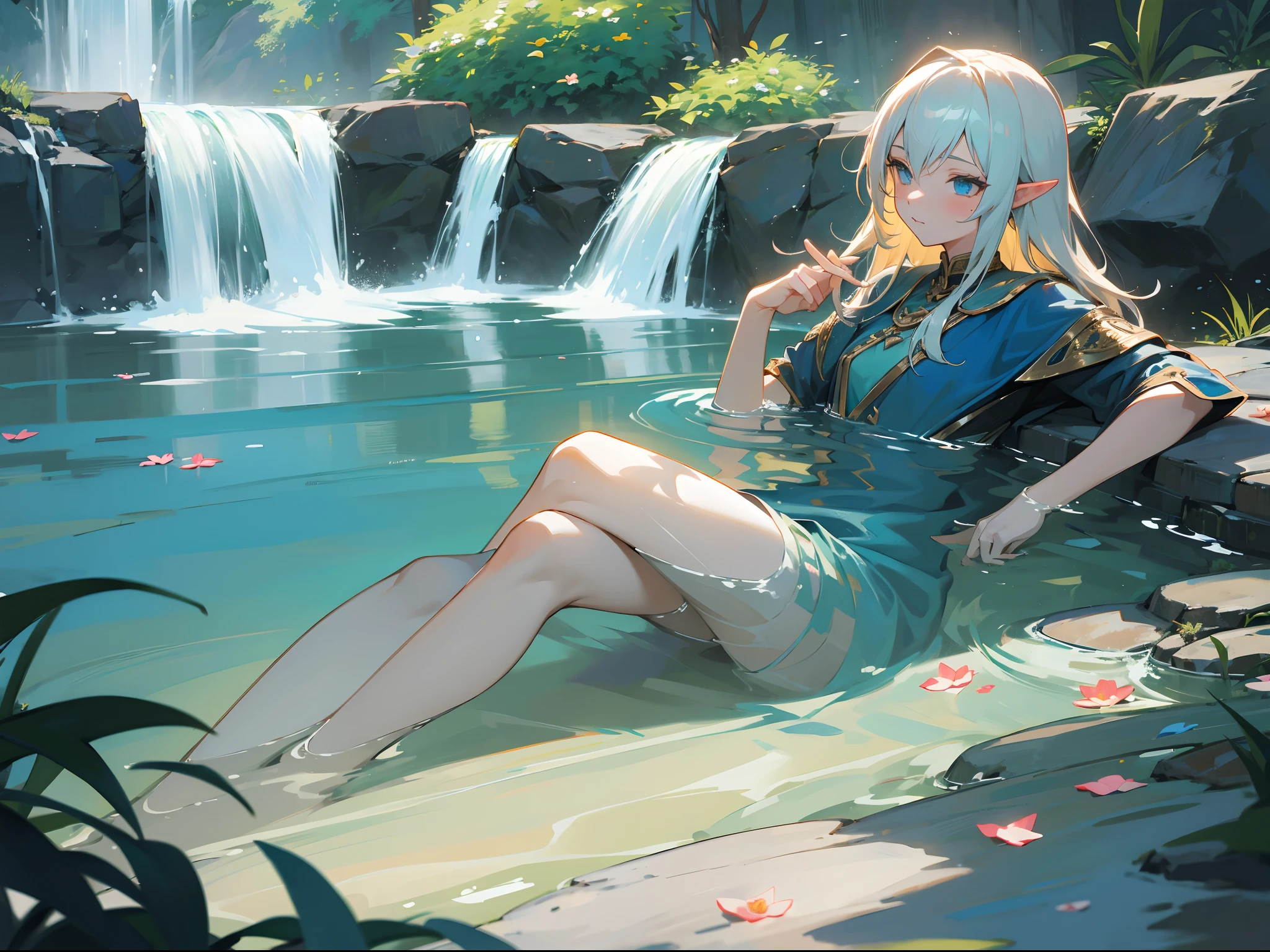 [Anime 1.5], [High Elf 1.5], High elf swimming in pool, waterfalls around, flowers, Elegant and beautiful, highly detailed, highlights, 1girl, perfect posture, multicolor hair