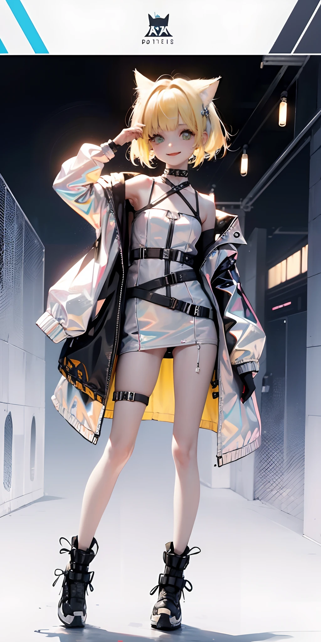 1 girl, pastelcolor, yellow hair strokes, Cyan eyes, short detailed hair, Small cat ears, Cyberpunk clothes, There are a lot of hairpins in the hair, Shoulders open, Hands open, Slimming the waist, A happy smile with a long tongue sticking out, Long tongue, whole-length, legsupms, Reference, Anime reference, Reference roles from different angles, white backgrounid