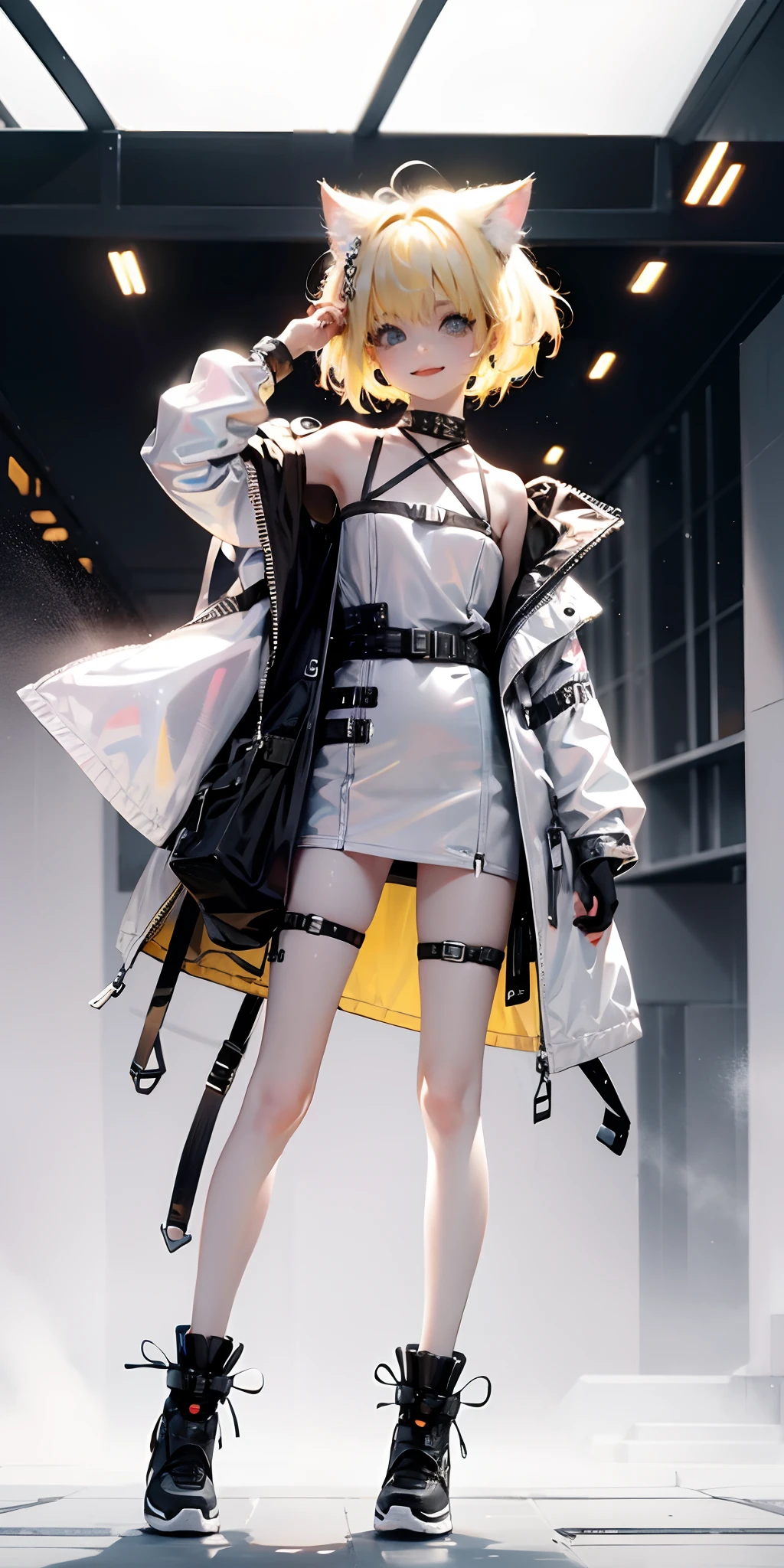 1 girl, pastelcolor, yellow hair strokes, Cyan eyes, short detailed hair, Small cat ears, Cyberpunk clothes, There are a lot of hairpins in the hair, Shoulders open, Hands open, Slimming the waist, A happy smile with a long tongue sticking out, Long tongue, whole-length, legsupms, Reference, Anime reference, Reference roles from different angles, white backgrounid