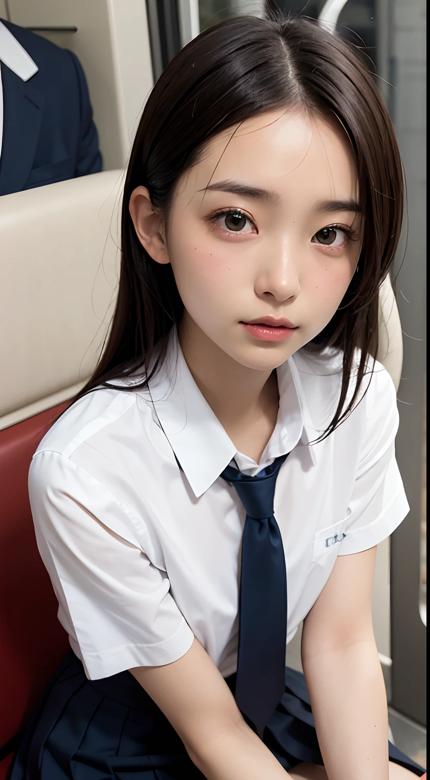 (masutepiece, Best Quality:1.2), 8K, , 85 mm, Official art, Raw photo, absurderes, White dress shirts, Pretty Face, close up, Upper body, violaceaess, gardeniass, Beautiful Girl, School uniform, (Navy pleated skirt:1.1), Cinch West, thighs thighs thighs thighs, Short sleeve, on train, Sitting on a bench seat, Looking at Viewer, No makeup, (Smile:0.4), Film grain, chromatic abberation, Sharp Focus, face lights, clear lighting, Teen, Detailed face, Bokeh background, (dark red necktie:1.1)