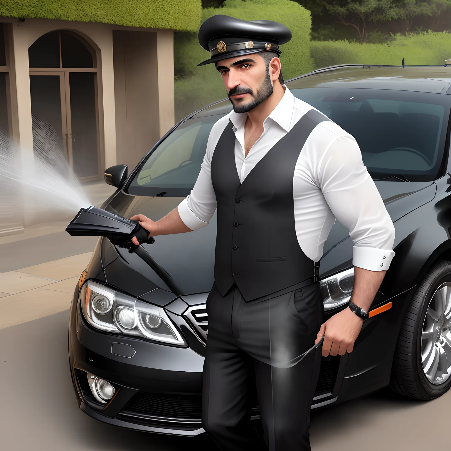 Create the image of a Lebanese man, wearing black pants, black sandals, camisa de manga longa branca, colete preto, Characteristic hat of the Lebanese, com aproximadamente 50 anos, pesando uns 130 kilos, holding in his left hand a sponge and in his right hand a hose from a jet washer, where he will be washing a luxury sedan car