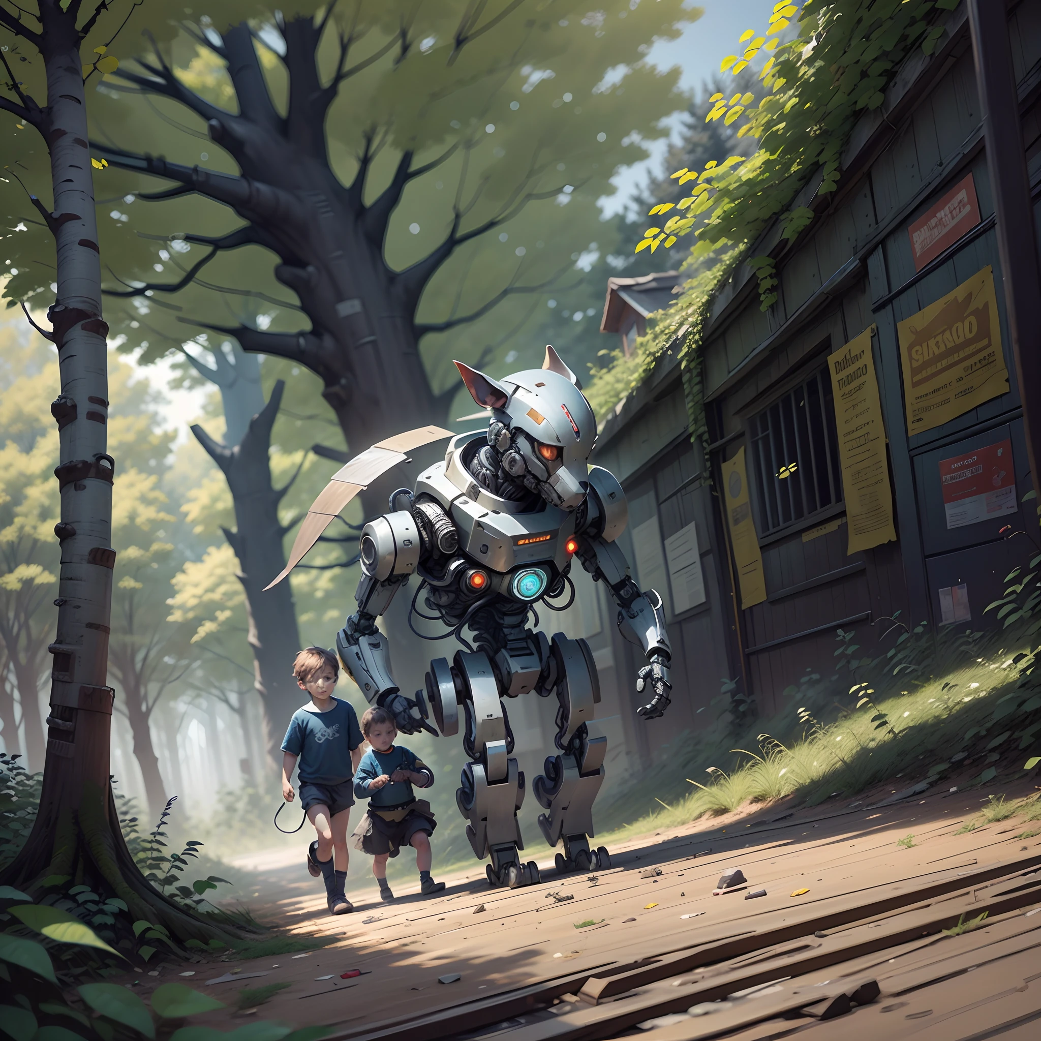 solo, full body, best quality, artwork, ultra realistic, a child with the robotic arm, another child made of steel, a robotic dog, playing in the yard, trees in the background, drones broken on the ground