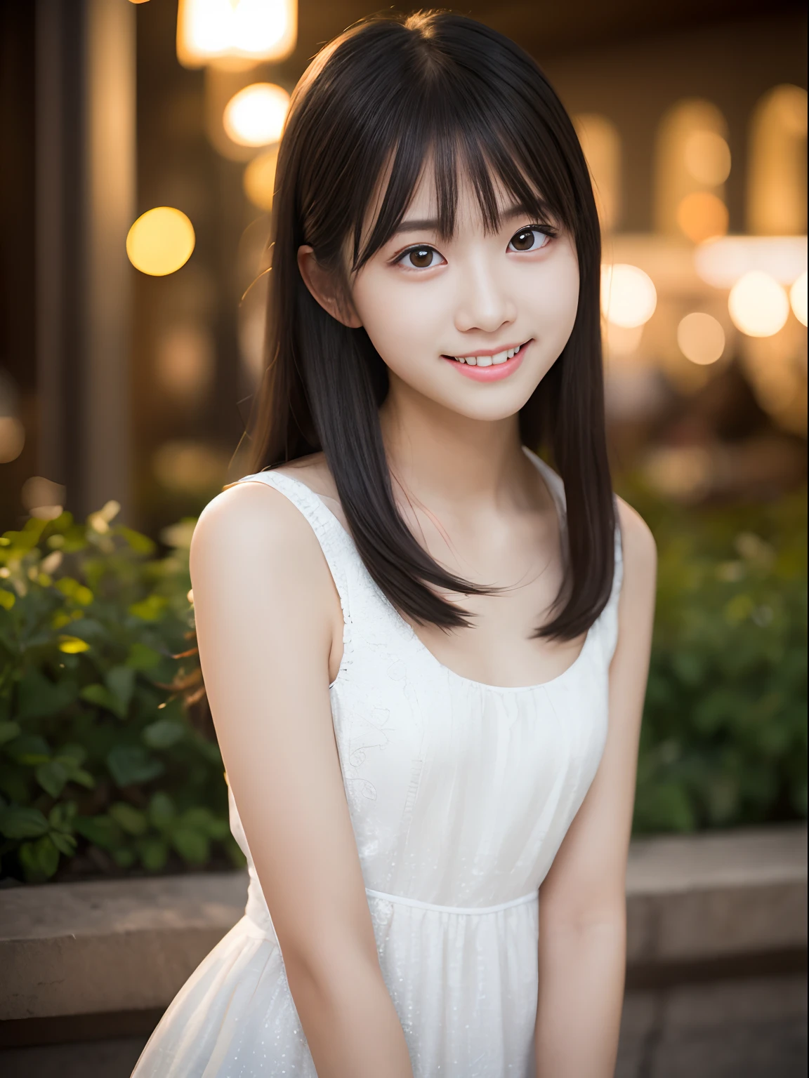 masutepiece, Best Quality, 8K, 18year old, Teen, Raw photo, absurderes, award winning portrait, Smile, Smile, Solo, Night, neons, Idol face, violaceaess, gardeniass, Delicate girl, Upper body, Digital SLR, Looking at Viewer, Candid, Sophisticated, zora々Right, Thin arms, Professional Lighting, Film grain, chromatic abberation, (Eyes and faces with detailed:1.0), (Bokeh:1.1)