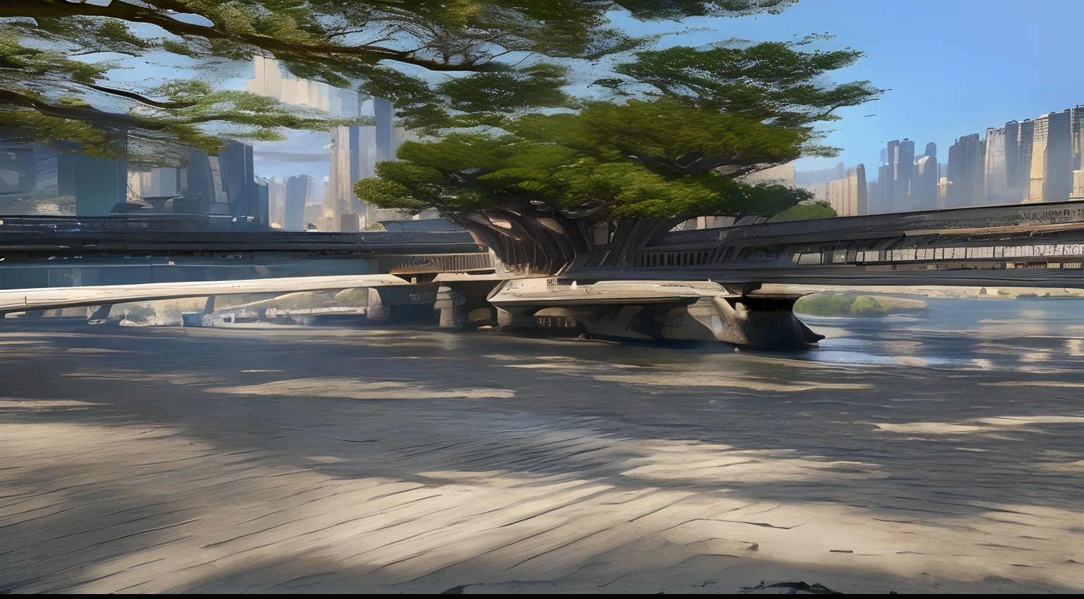 (8k unit wallpaper CG extremely detailed, masterpiece, best quality, ultra-detailed), (((solo)))), ((extremely wide shot:1.15)), a man on a bridge looking at a scifi city in the distance in the background, ((back view)), ((full body)), (high detail), (intricate details), intricate, magnificent scene, detailed environment, highly detailed environment, illustrator, (masterpiece).