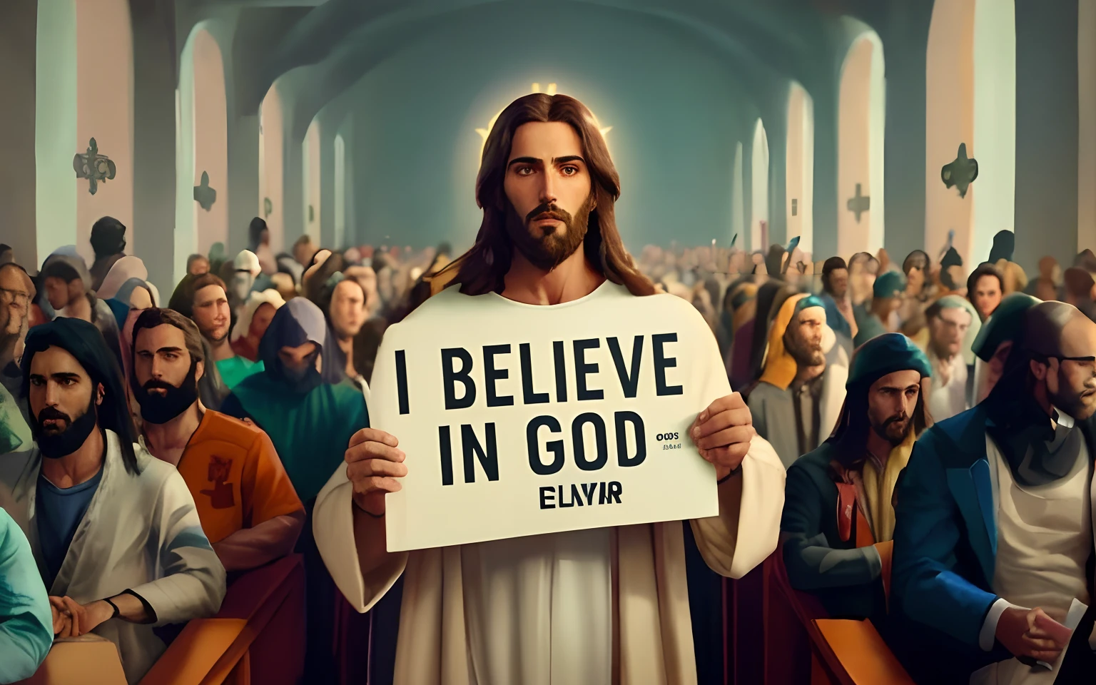 Jesus segurando um sinal que diz que eu acredito em Deus, jesus wasted at a party, Vestido como Jesus Cristo, God Atheism, holy themed, Jesus Gigachad, The One True God, Eu faria um acordo com Deus, arte conceitual de deus, Jovem Deus Todo-Poderoso, he can ’ t believe his eyes, Jesus Cristo, Jesus Cristo em Mass Effect