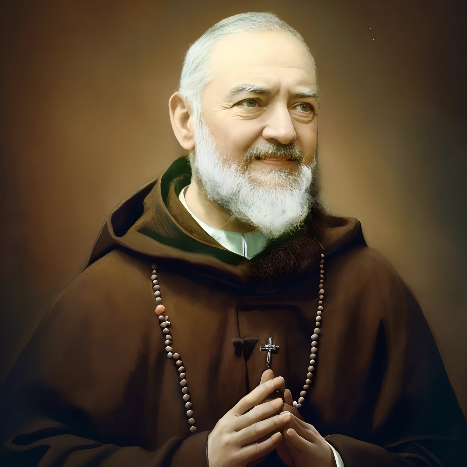 image of Padre Pio with beard and rosary, inspirado por Francisco Helps, Catholic, vestindo vestes marrons, santo, Padre Pio, 1920, Donoto Giancola, abbondio stazio, 🚿🗝📝, inspirado em Giuseppe Antonio Petrini, Franciscoco de Zurbaran, Sf, inspirado em John F. Francisco, Padre Pio, Foto realista de 1920, real colors of the time, foto realista, cinematic