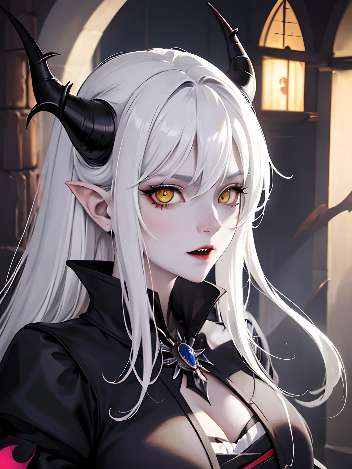 anime fantasy, dark elf women, warrior, dark forest, long dark hair, red eyes, smirk on face, angry looking face, face close up, portrait, HD, high quality, darker skin, gahegao mimic, scar on eye, badass