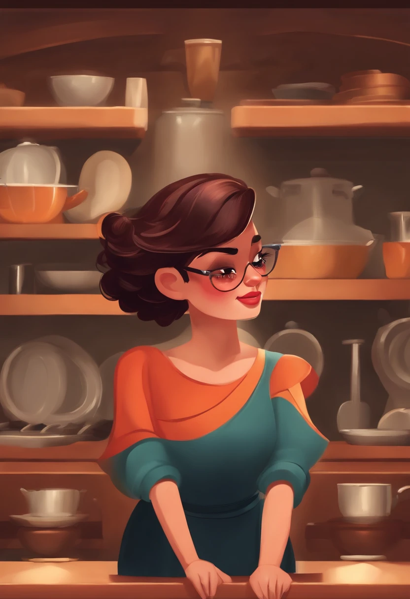 uma menina com copos redondos cercados por bolo na cozinha, alegre, Cartoon,short hair,  semente de rosto redondo:2164122919 Disney