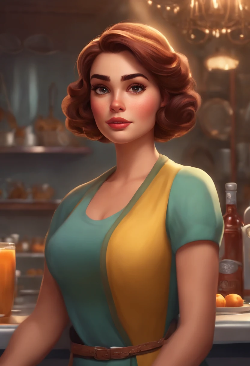 uma menina com copos redondos cercados por bolo na cozinha, alegre, Cartoon,short hair, semente de rosto redondo:2164122919 Disney
