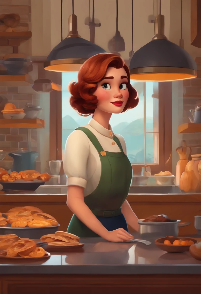 uma menina com copos redondos cercados por bolo na cozinha, alegre, Cartoon,short hair, semente de rosto redondo:2164122919 Disney