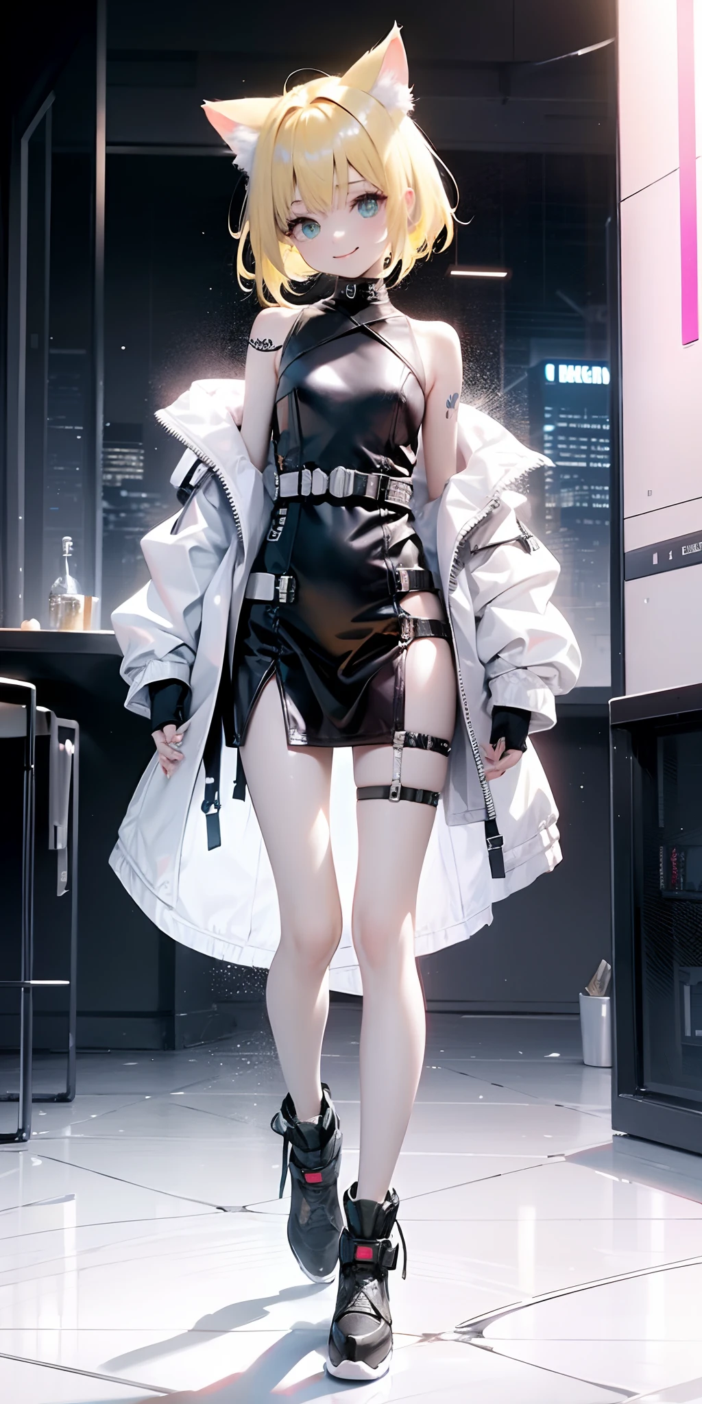 1 girl, pastelcolor, yellow hair strokes, Cyan eyes, short detailed hair, Small cat ears, Cyberpunk clothes, There are a lot of hairpins in the hair, Shoulders open, Hands open, Slimming the waist, A happy smile with a long tongue sticking out, Long tongue, whole-length, legsupms, Reference, Anime reference, Reference roles from different angles, white backgrounid