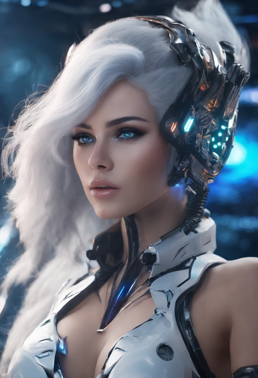 Cirilla Fiona Elen Riannon,Highest image quality,Outstanding details,超高分辨率,(Fidelity:1.4), Favor the details,closeup cleavage,The background is a scene of a cosmic celestial body,High-tech dragon knight mech,He has a delicate and beautiful face,((Blue-white flying semi-mechanical fuselage:1.8)),high-tech weapon,Raised sexy,frontage,cyber punk perssonage,Futuristic,mechanically aesthetic,Virtual Engine 5,Perfect detail rendering,rendering by octane,hyper HD