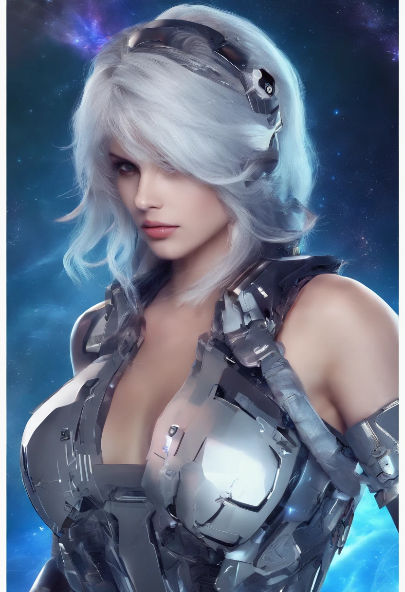 Cirilla Fiona Elen Riannon，Highest image quality，Outstanding details，超高分辨率，（Fidelity：1.4）, Favor the details，closeup cleavage，The background is a scene of a cosmic celestial body，High-tech dragon knight mech，He has a delicate and beautiful face，（（Blue-white flying semi-mechanical fuselage：1.8）），high-tech weapon，Raised sexy，frontage，cyber punk perssonage，Futuristic，mechanically aesthetic，Virtual Engine 5，Perfect detail rendering，rendering by octane，hyper HD