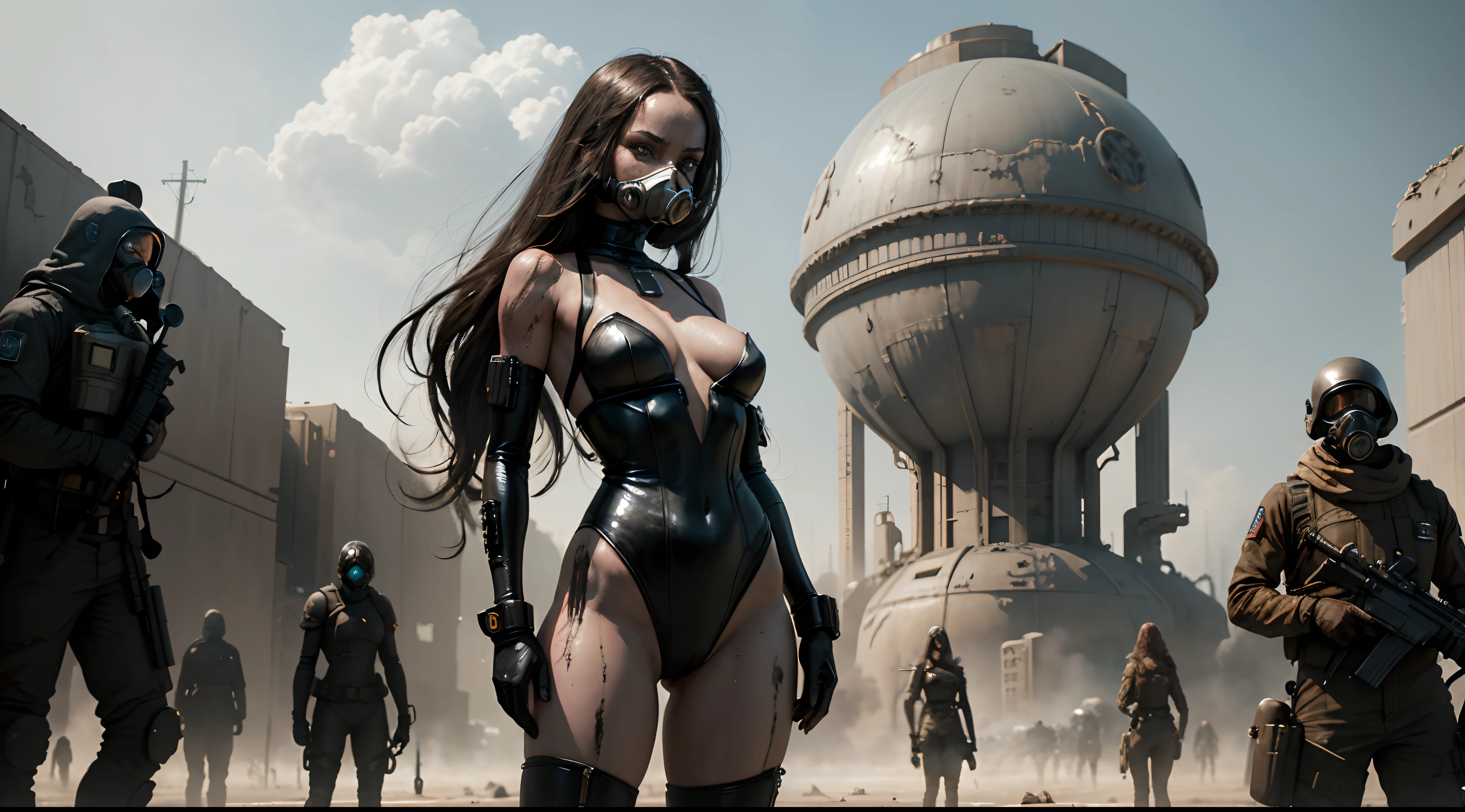 There's a brunette woman dressed in futuristic leotard and wearing an anti gas mask standing in an apocalyptic scenario, anti gas mask, high waisted leotard, futuristic leotard, apocalyptic scenario, polluted scenario, desert planet, desertic ambient, pollution, smoke, polluted area, horror movie, cinematic, dark ambient, ultra detailed, photorealistic, masterpiece.