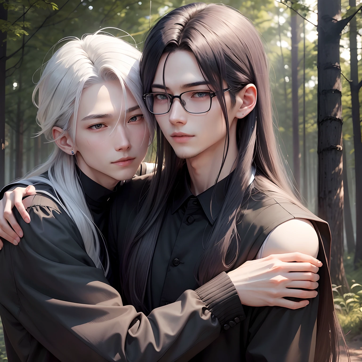 The age of a slender man with shoulder-length gray hair is20Wearing black clothes at the age of。The age of the man who puts his hand on that cheek is30Approximately taller at、Wearing black clothes。His hair is long、The hair color is purple and flows beautifully to the waist。2Man man is smiling。Human man cuddling in the forest in the morning sun。