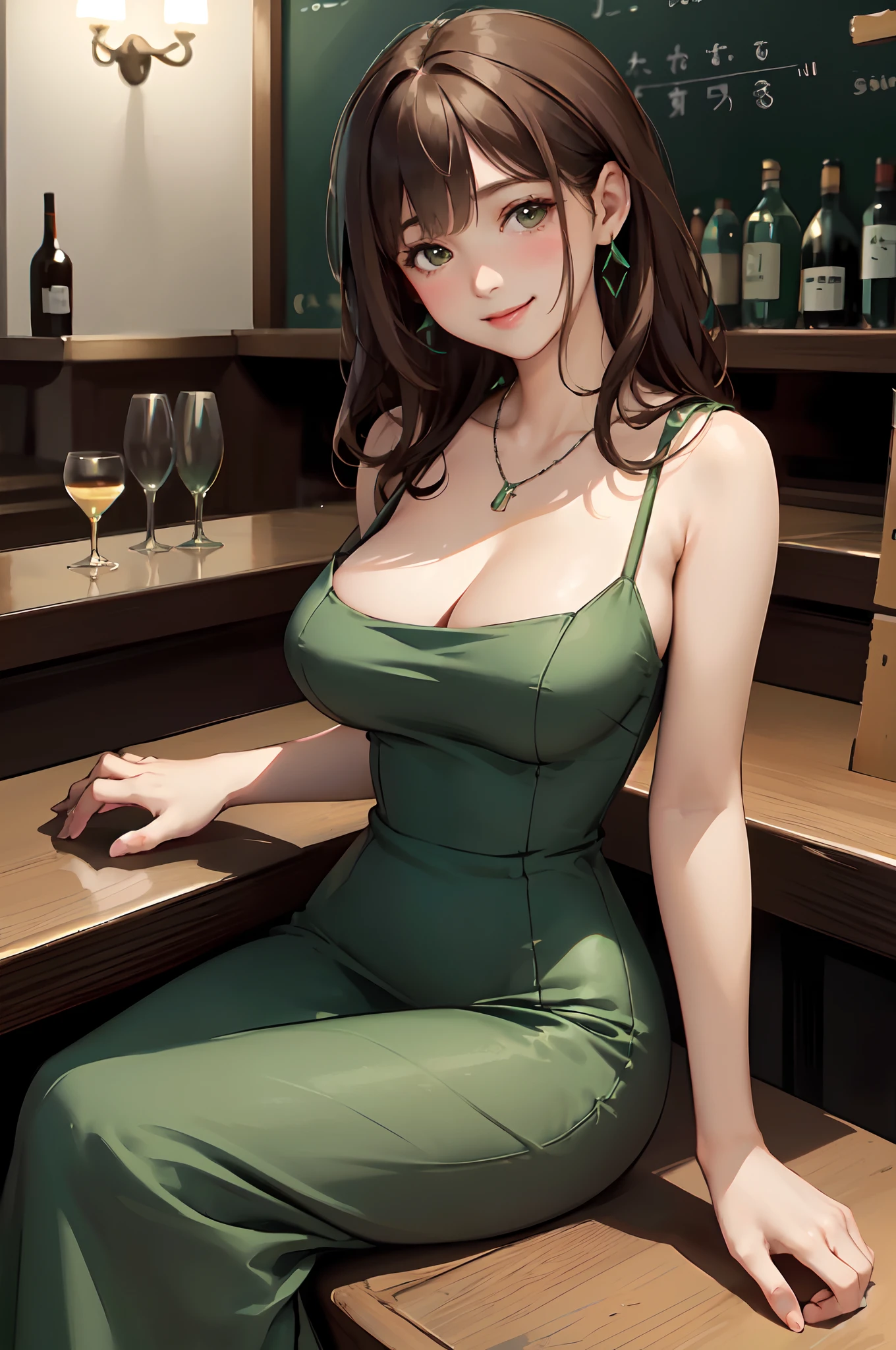 1lady solo, mature female, /(pencil dress/) /(green dress/) necklace, /(brown hair/) bangs, blush kind smile, (masterpiece best quality:1.2) delicate illustration ultra-detailed, large breast, arms down, /(bar counter night/)
