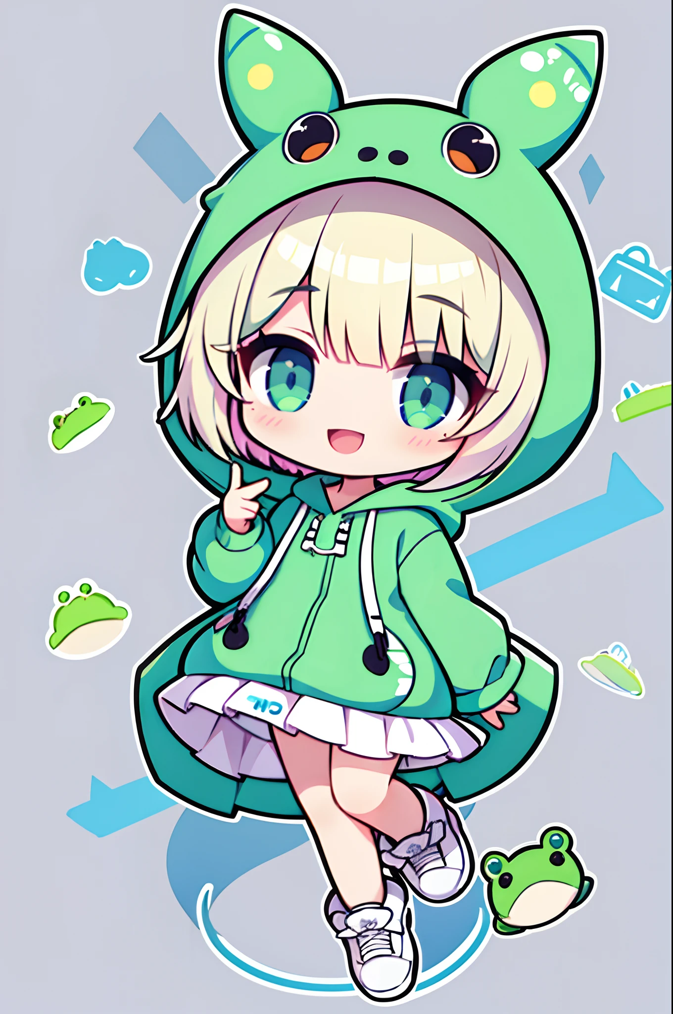 A rabbit girl wearing a frog raincoat, 8K, 4K, 1girl, solo, rain, lime color raincoat,bob hair, frog, hoodie, hood up, chibi, full body, smile,white background