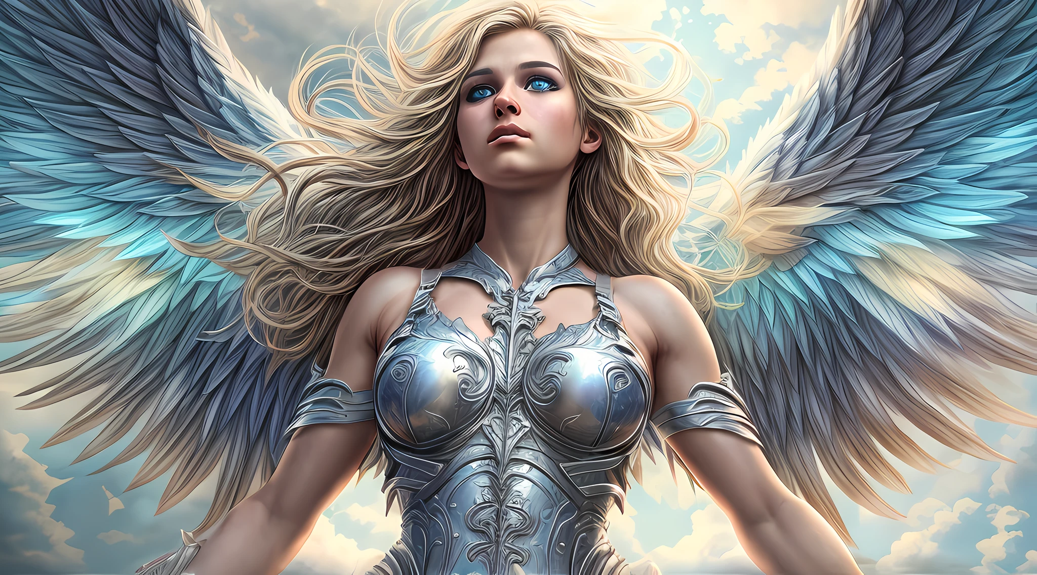 high details, best quality, 16k, [ultra detailed], masterpiece, best quality, dynamic angle, ultra wide shot, RAW, photorealistic, fantasy art, realistic art, a picture of an archangel flying in a the sky between the clouds, fantasy art, RPG art, a a full distance shot, full body, an epic beautiful female archangel, blond hair, long hair, (wavy hair: 1.2), (blue eyes: 1.2), intense eyes (best detailed face: 1.3), (ultra feminine: 1.3) spread angelic wings angel_wings, (rainbow colored wings: 1.5) wearing heavy armor, (with glowing divine sigils: 1.2), light clouds in the background, a n epic (rainbow: 1.5) between the clouds, 16k, ultra detailed, masterpiece, best quality, ultra detailed, full body, ultra wide shot, photorealistic,