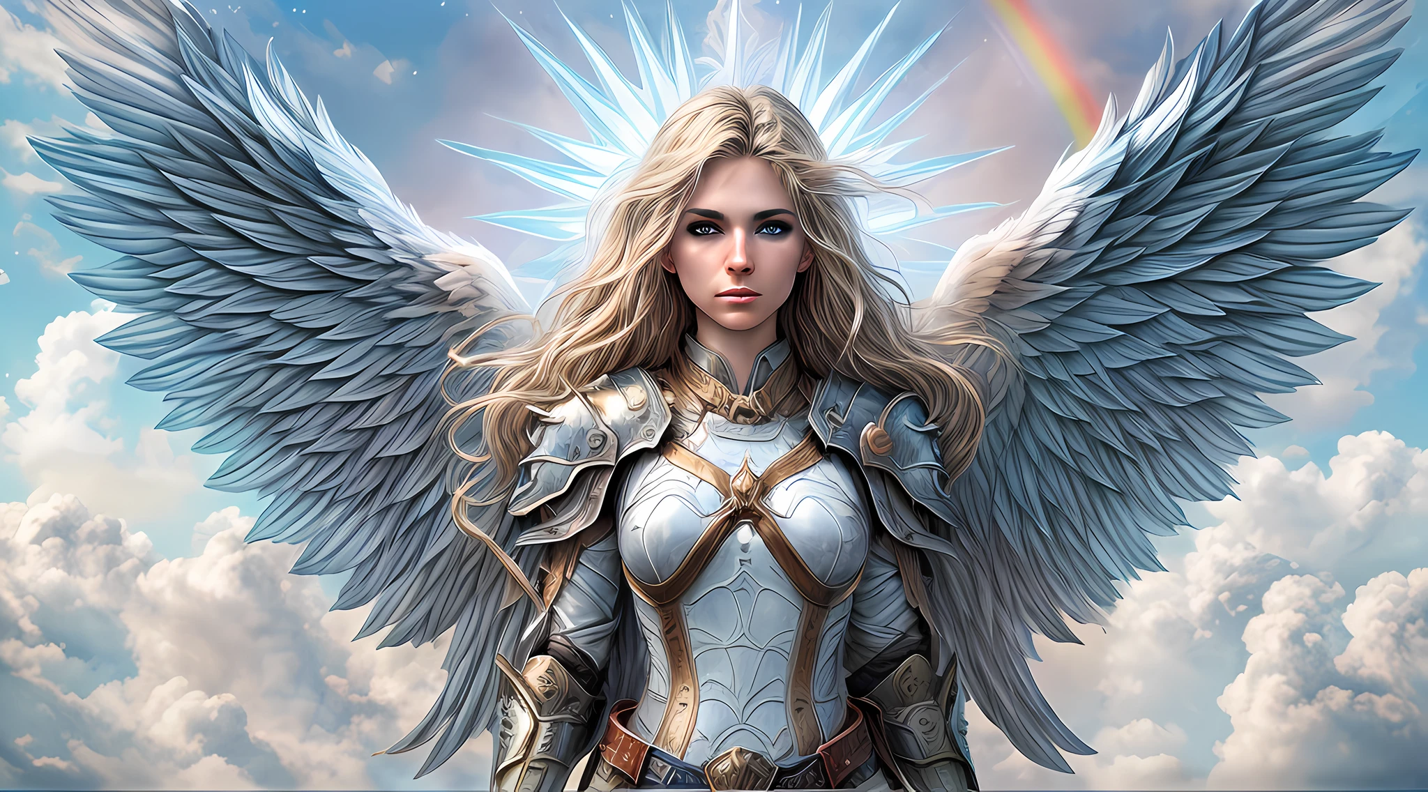 high details, best quality, 16k, [ultra detailed], masterpiece, best quality, dynamic angle, ultra wide shot, RAW, photorealistic, fantasy art, realistic art, a picture of an archangel flying in a the sky between the clouds, fantasy art, RPG art, a a full distance shot, full body, an epic beautiful female archangel, blond hair, long hair, (wavy hair: 1.2), (blue eyes: 1.2), intense eyes (best detailed face: 1.3), (ultra feminine: 1.3) spread angelic wings angel_wings, (rainbow colored wings: 1.5) wearing heavy armor, (with glowing divine sigils: 1.2), light clouds in the background, a n epic (rainbow: 1.5) between the clouds, 16k, ultra detailed, masterpiece, best quality, ultra detailed, full body, ultra wide shot, photorealistic,