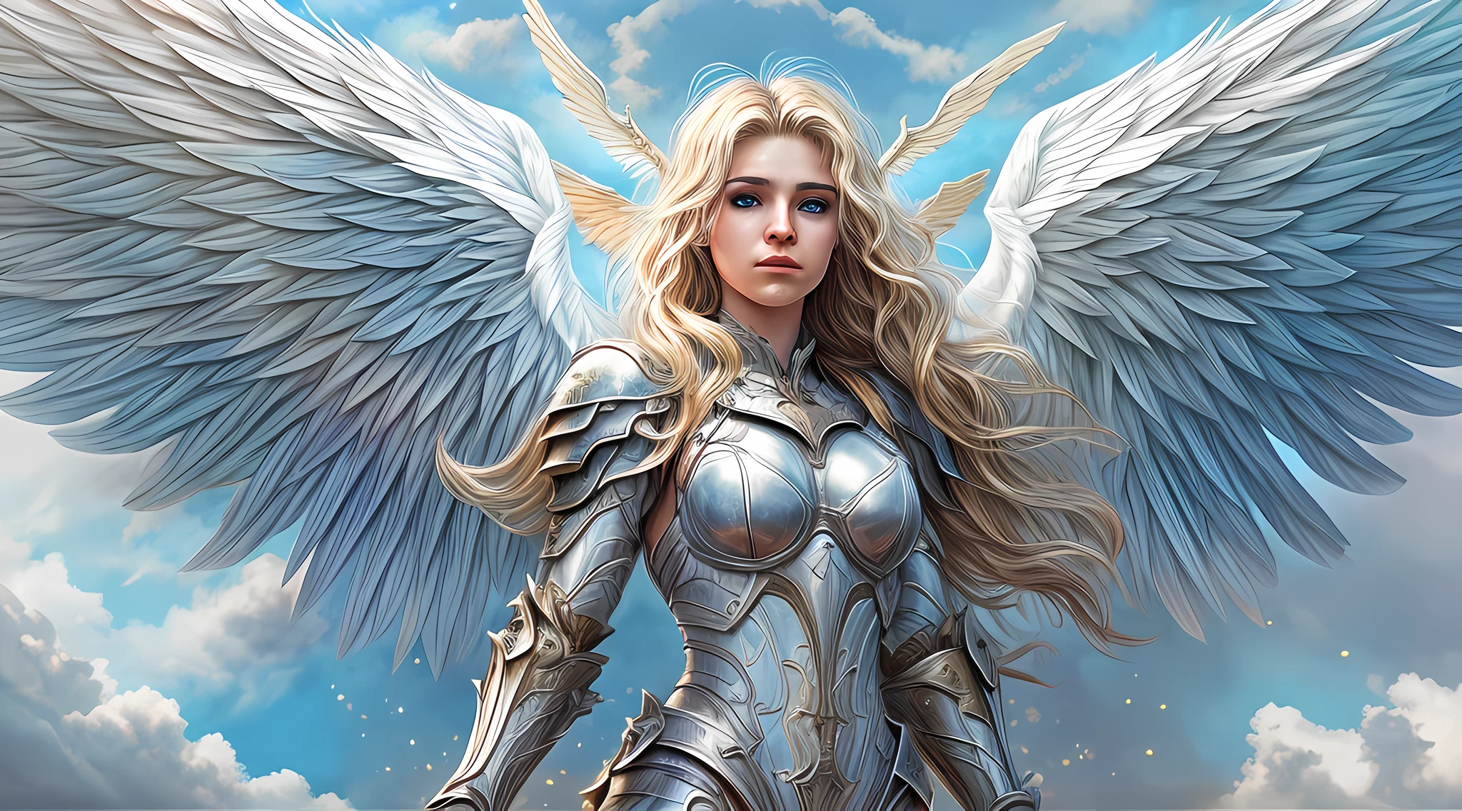high details, best quality, 16k, [ultra detailed], masterpiece, best quality, dynamic angle, ultra wide shot, RAW, photorealistic, fantasy art, realistic art, a picture of an archangel flying in a the sky between the clouds, fantasy art, RPG art, a a full distance shot, full body, an epic beautiful female archangel, blond hair, long hair, (wavy hair: 1.2), (blue eyes: 1.2), intense eyes (best detailed face: 1.3), (ultra feminine: 1.3) spread angelic wings angel_wings, (rainbow colored wings: 1.5) wearing heavy armor, (with glowing divine sigils: 1.2), light clouds in the background, a n epic (rainbow: 1.5) between the clouds, 16k, ultra detailed, masterpiece, best quality, ultra detailed, full body, ultra wide shot, photorealistic,