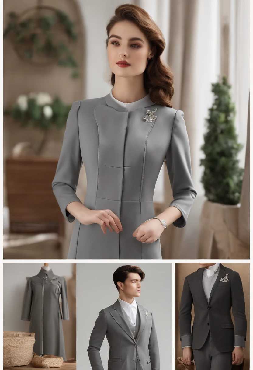 clothing design,Suitable for use as an airline uniform,There is a bit of French style。Photographed in the studio on the front,A series of 4 sets in spring, summer, autumn and winter,Light gray is the main color,Pair it with a little bit of other colors。