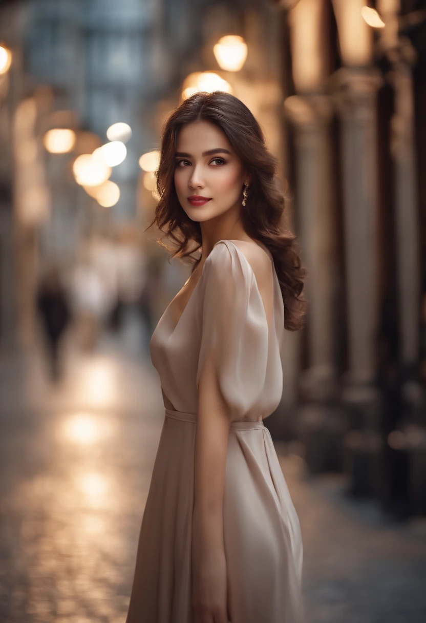 ((Best quality, 8k, Masterpiece :1.3)), 1girl, smiling, full body, slim face, Pretty woman, (Dark brown hair), full length dress :1.1, Ultra-detailed face, Detailed eyes, Double eyelid, blur background, slim face, city, outside, street,