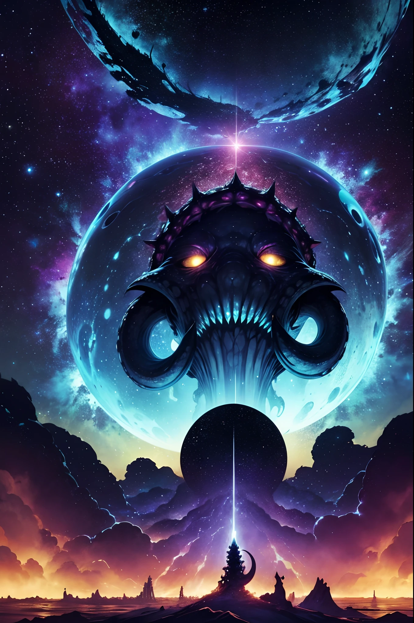 "cosmic entity": A stunning view from space reveals a twisted galaxy filled with strange life forms and entities that defy human understanding. Planet with night sky, Kraken, leviathan, 8k, lindo, Superb dramatic dinner, Kraken leviathan invading the world