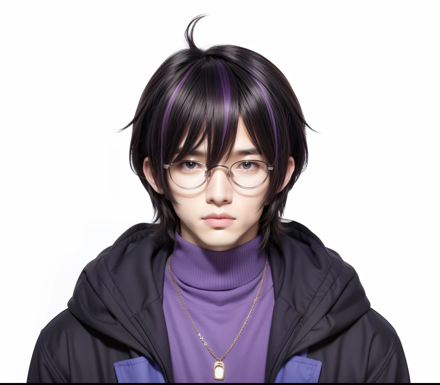 boy with glasses and purple sweater and necklace, young anime man,