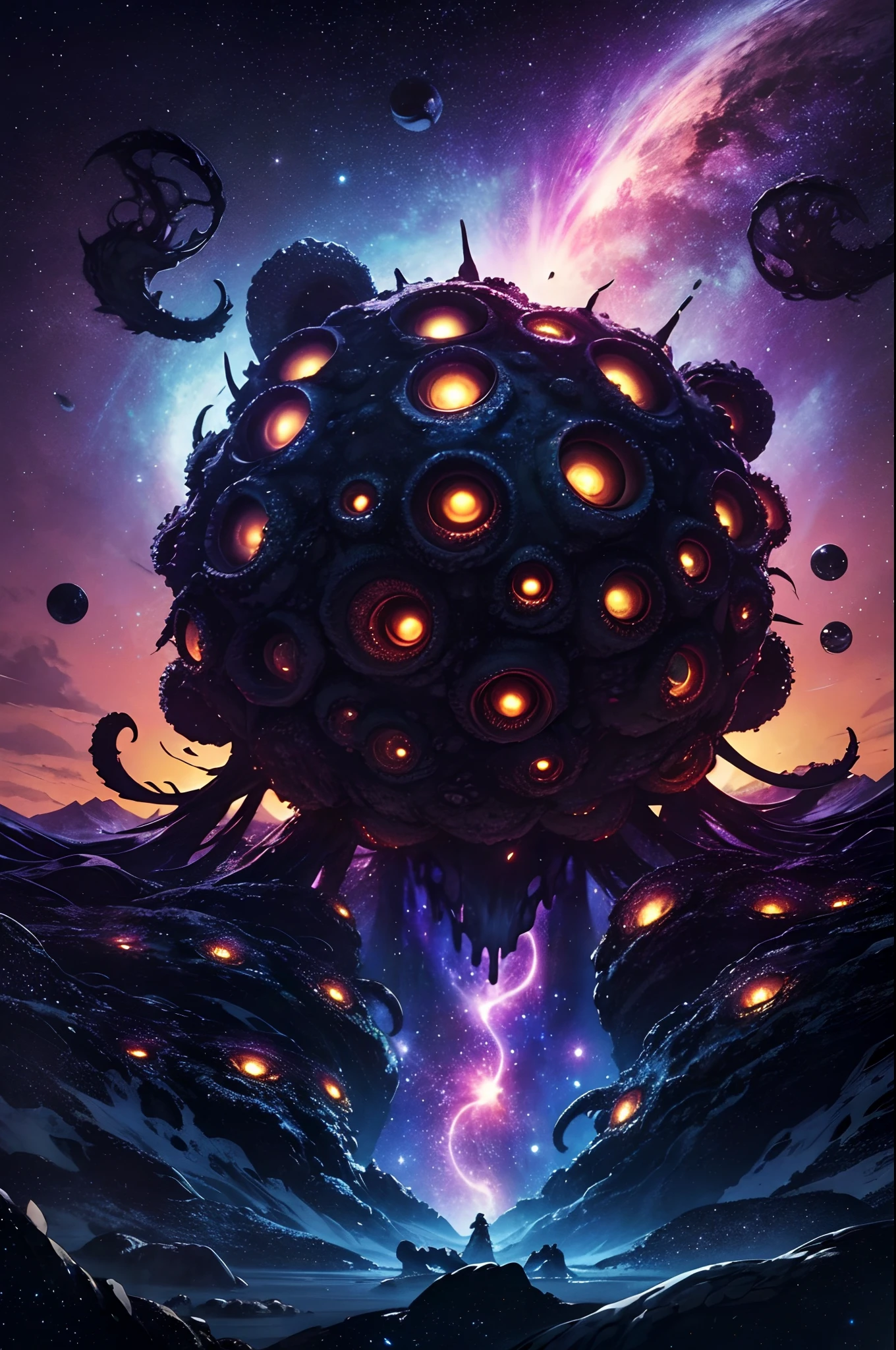 "cosmic entity": A stunning view from space reveals a twisted galaxy filled with strange life forms and entities that defy human understanding. Planet with night sky, Kraken, leviathan, 8k, lindo, Superb dramatic dinner, Kraken leviathan invading the world