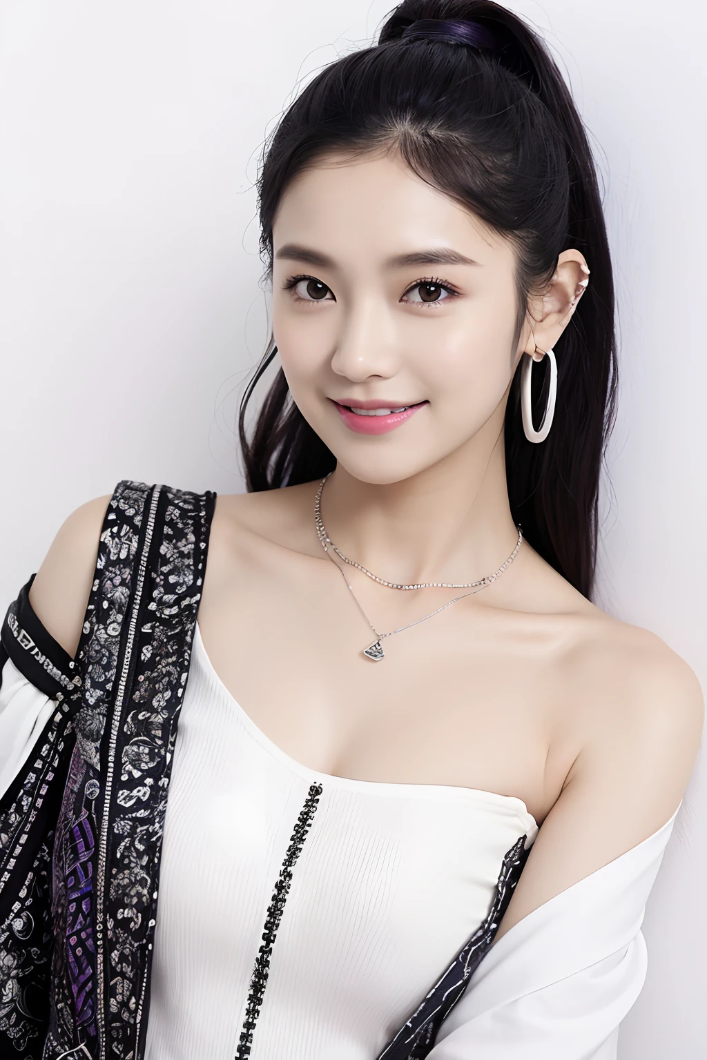 (extra detailed body、extra detailed face、best qualtiy:1.2)、femele、looking at the viewers、(a smile、Wacky fashion、Large shoulder-length piercings、a necklace、Clothes with strong contrast of purple, white and black、asymmetry)、(Ivory wall on background)
