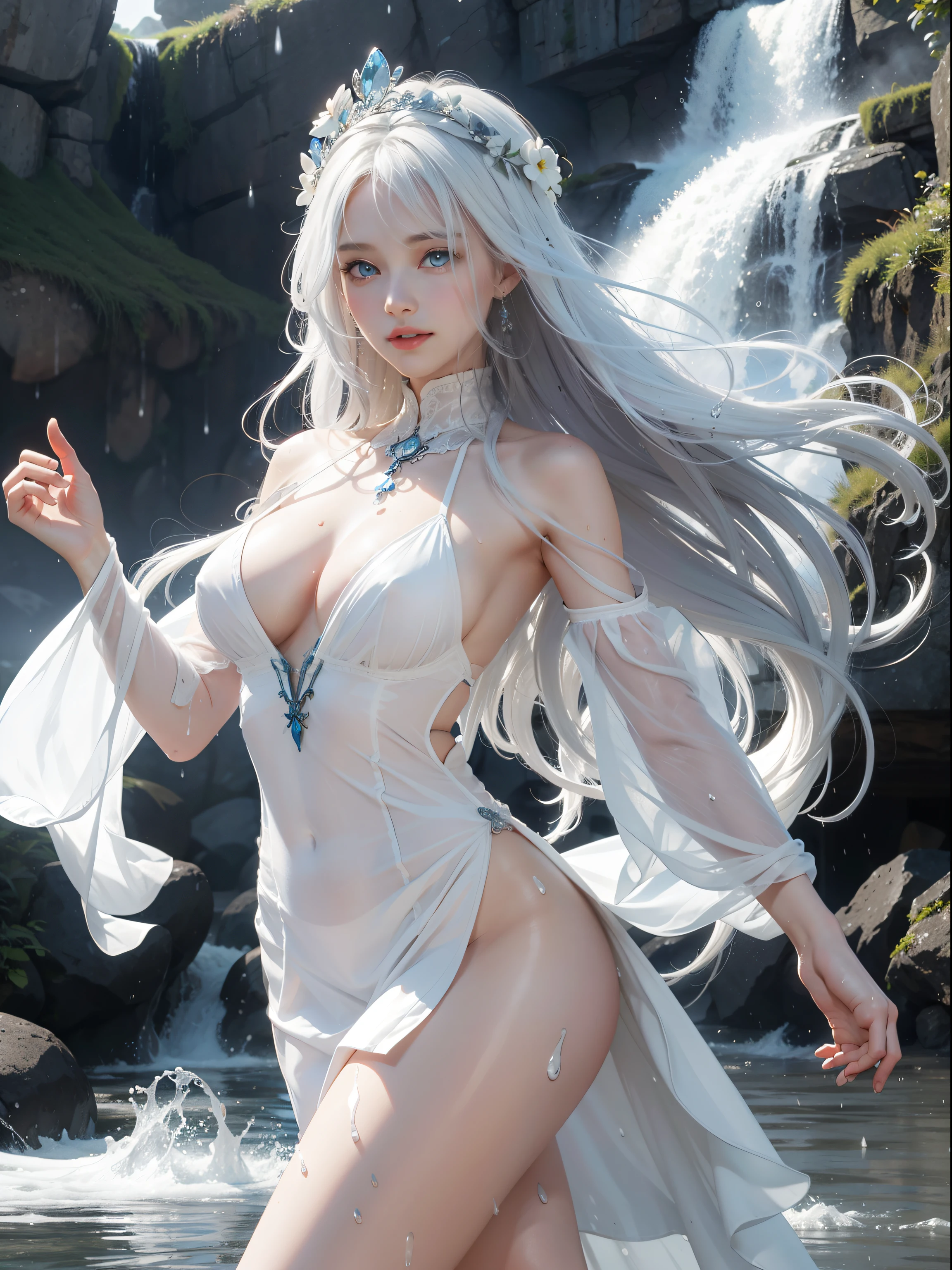 Natural steppes,Under the heavy rain,sodden,Transparent skin,White goddess blue eyes in human shape,White hair,beautiful body of a flower of a very attractive age with white pubic hair,,White Isekai Dress,Frolic cheerfully,A smile,Dancing,Skinny Legs,The body gets wet with water,Water droplets flow,Hair gets wet,The skin is sheer,Melting clothes,