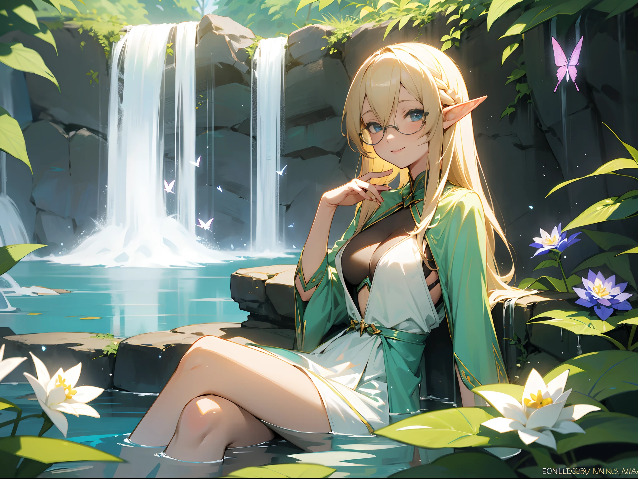 [Anime 1.5], [High Elf 1.5], Elf lady sitting in pond, butterfly, flowers, waterfall, white and blonde hair, glasses, 1girl, Elegant and beautiful, cute smile, highly detailed, perfect posture, no finger crossed, no crossed legs, bikini, yellow bikini, fixing hairs, hot, medium is premium, fixing hair, holding hair by hands, braiding hairs,