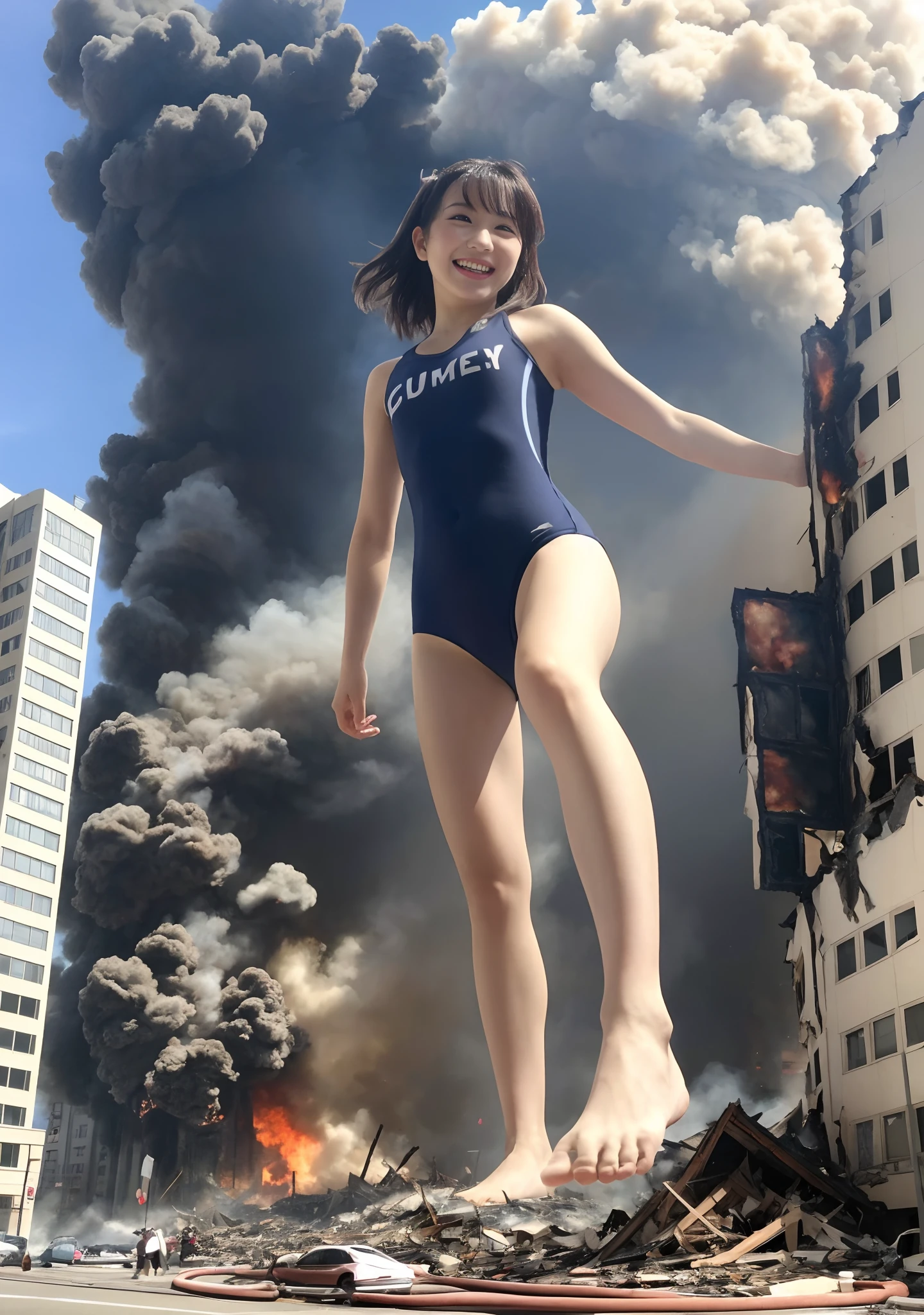 masterpiece, highly detailed, high resolution, 1girl, gtscity, tokyo, stomping on buildings, destroying buildings, collapsed buildings, destroyed city, buildings on fire, buildings exploding, smoke coming out of buildings, smiling, looking happy, small city, little people, photorealistic, cute Japan girls, medium breasts, school swimsuit, barefoot, toes, Dynamic angle, from below