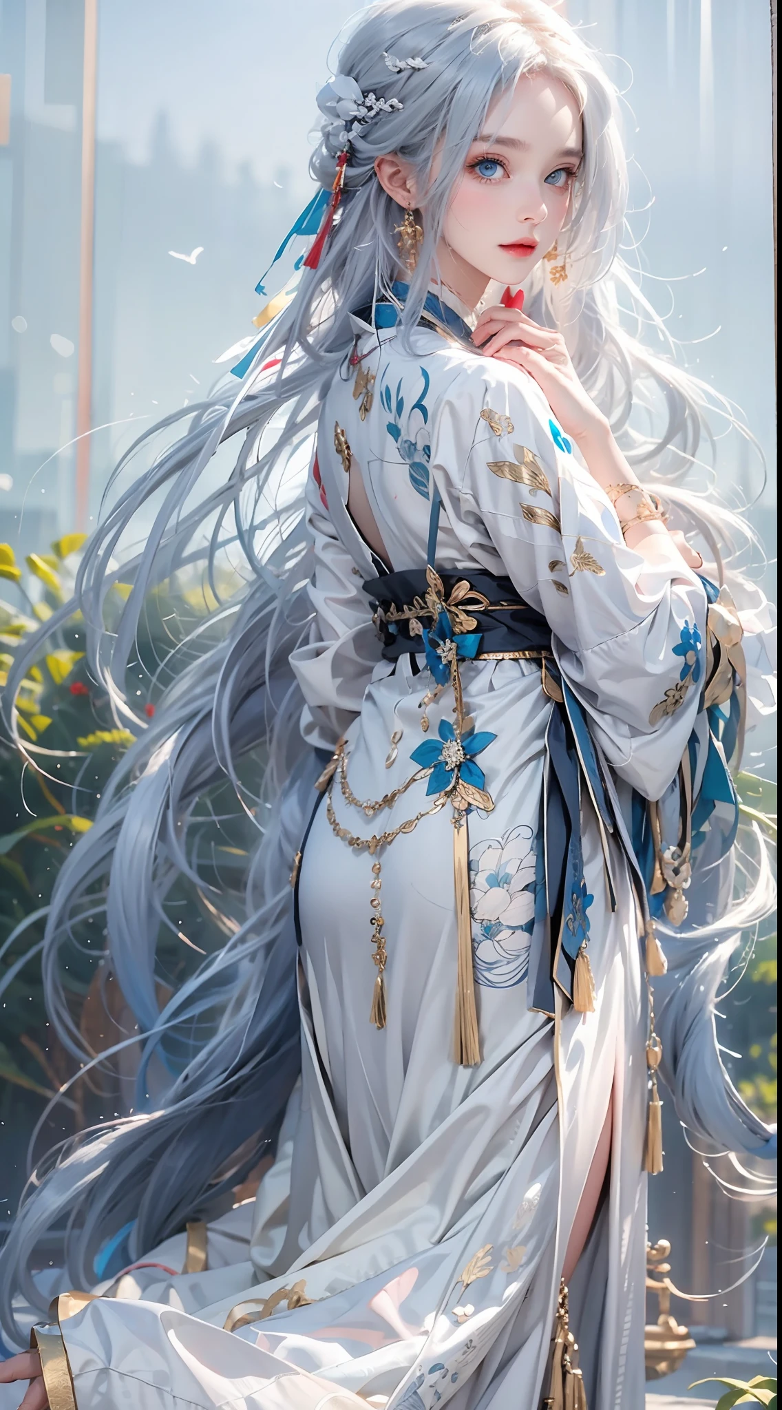 photorealistic, masterpiece, photorealistic, high resolution, soft light, hips up, blue eyes, white hair, long hair, jewelry, tattoo, hanfu,midjourney portrait