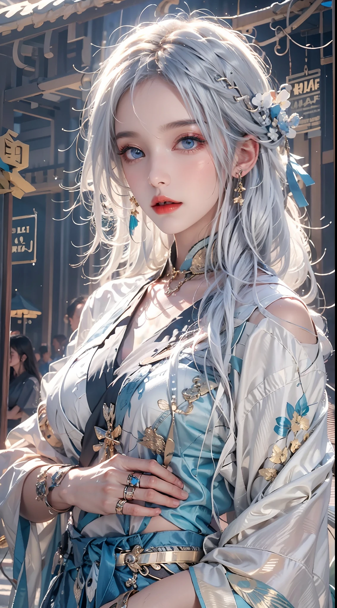 photorealistic, masterpiece, photorealistic, high resolution, soft light, hips up, blue eyes, white hair, long hair, jewelry, tattoo, hanfu,midjourney portrait