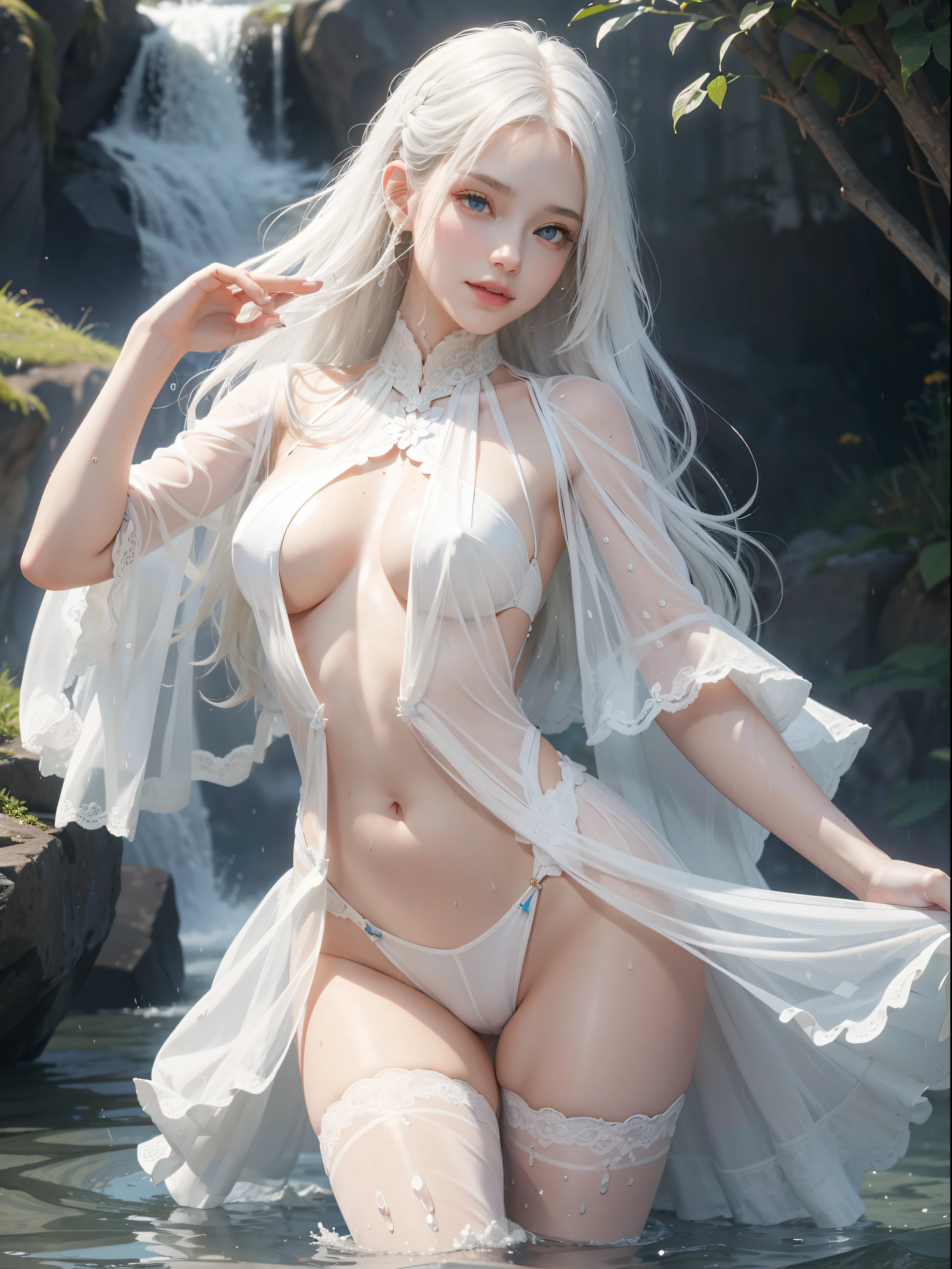 Natural steppes,Under the heavy rain,sodden,Transparent skin,White goddess blue eyes in human shape,White hair,beautiful body of a flower of a very attractive age with white pubic hair,,White Isekai Dress,Frolic cheerfully,A smile,Dancing,Skinny Legs,The body gets wet with water,Water droplets flow,Hair gets wet,The skin is sheer,Melting clothes,